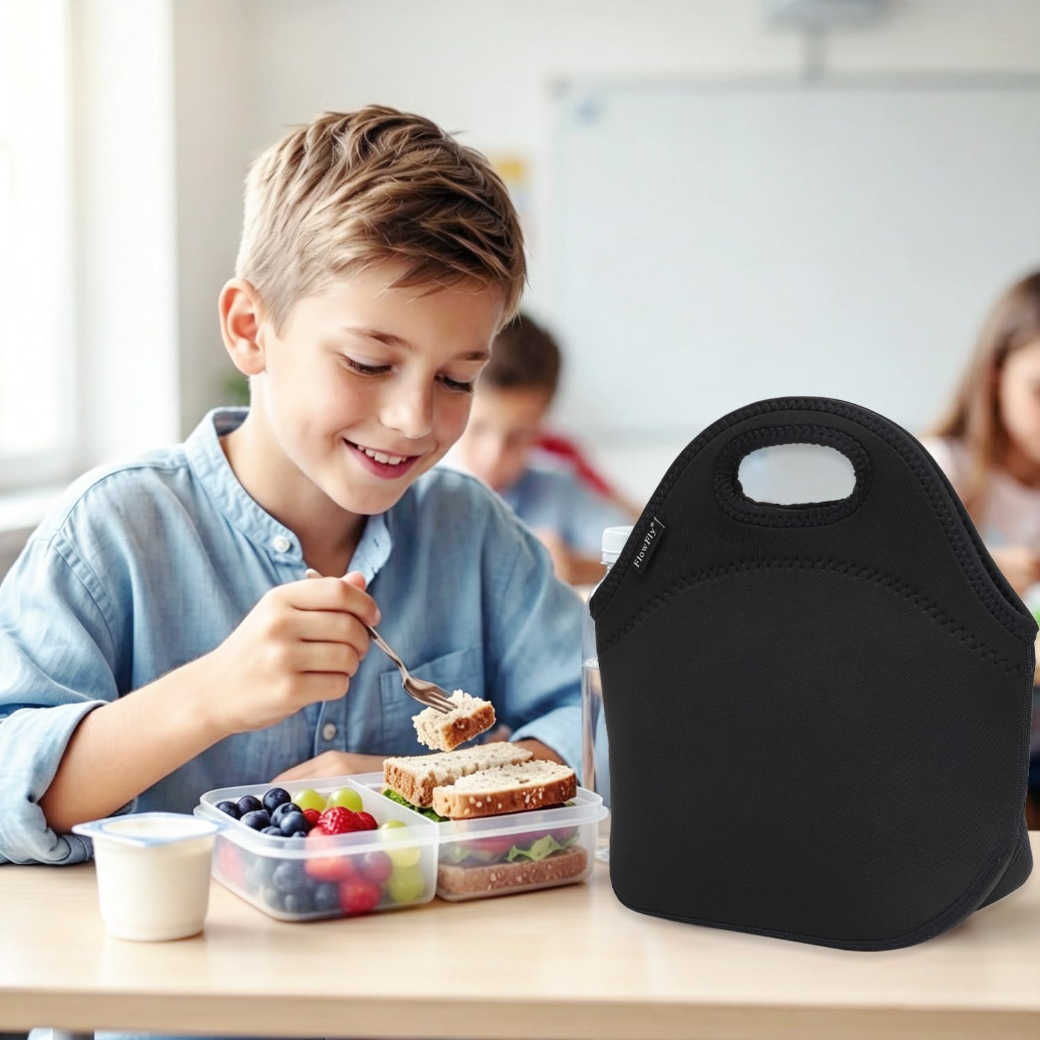 FlowFly Neoprenowe pudełko na lunch dla dzieci izolowana miękka torba mini chłodząca termiczna torba na posiłek zestaw dla chłopców, dziewcząt, mężczyzn, kobiet, szkoły, pracy, biura, czarny