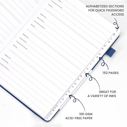 Miniatura 5 de Libro de contraseñas con pestañas alfabéticas, cuaderno de contraseñas de tapa dura, tamaño A5 21 cm x 15.2 cm, cuaderno de contraseñas para guardar