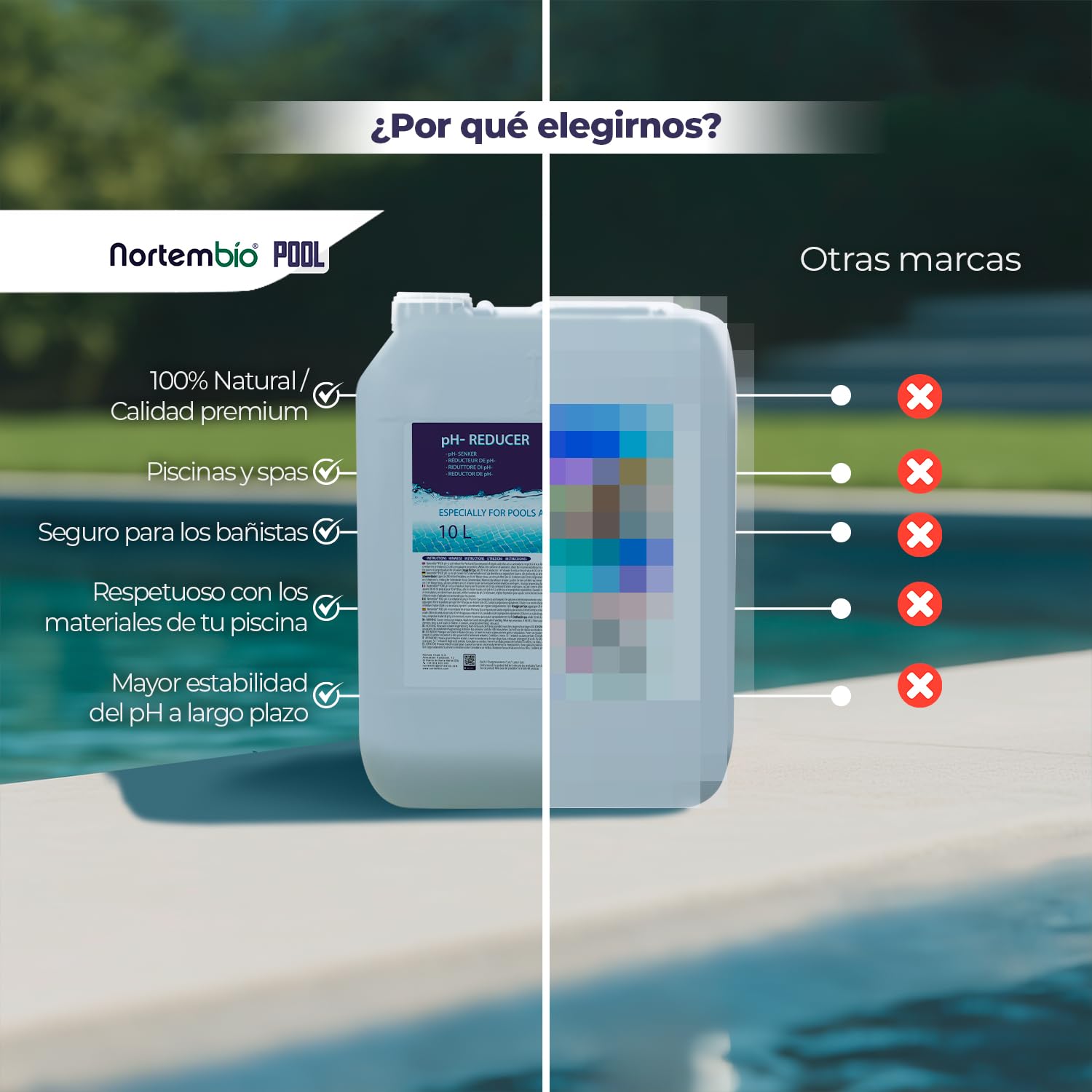 Nortembio pH Minus Líquido Reductor de pH Piscina y SPA, Bajar pH Agua Rápido, Ajustador pH Tratamiento Agua Piscina, Compatible Cloro y Salina + eBook Gratis (5 L)