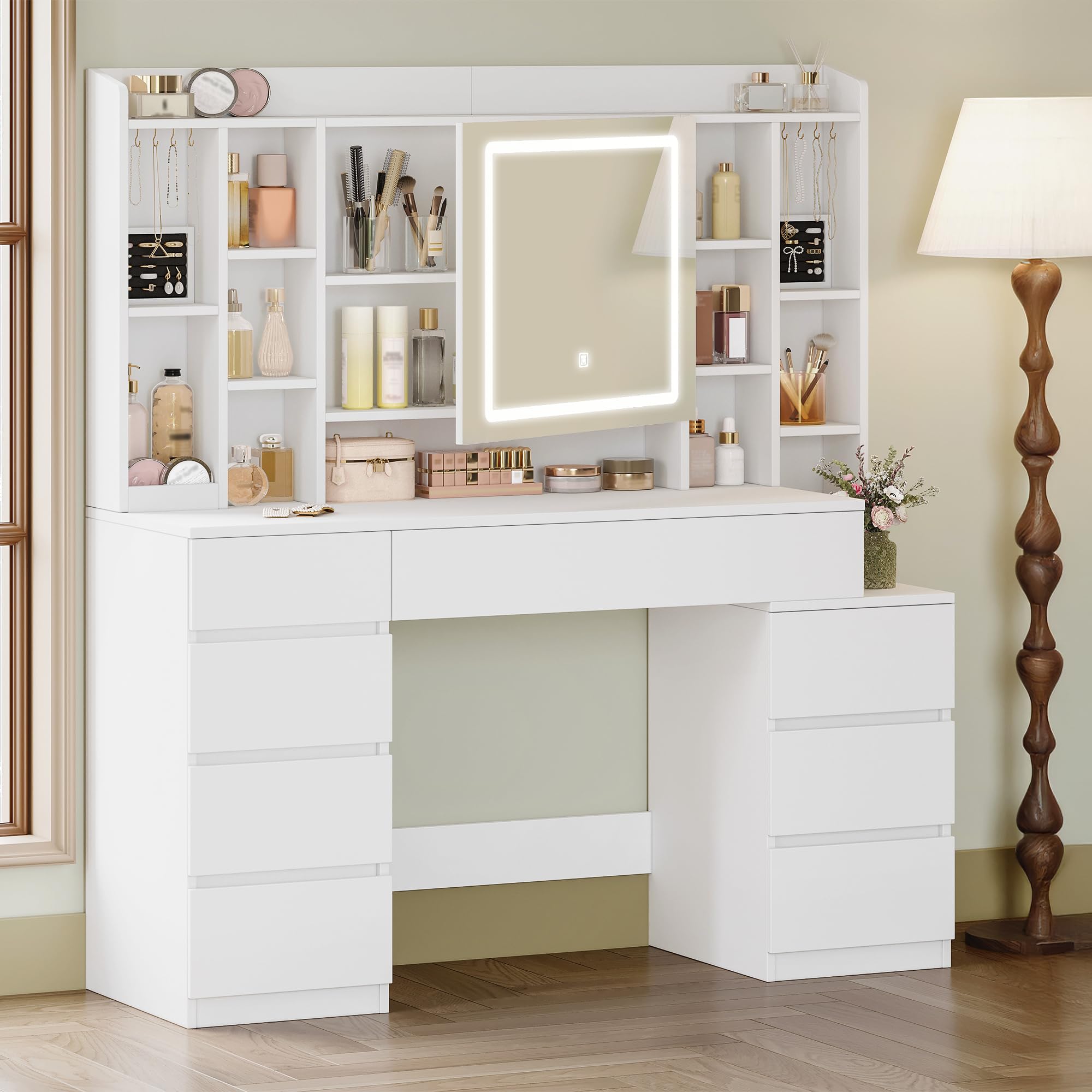 HEXCELEN 120 cm Tocador con Espejo y Luces LED, Mesa de Maquillaje con 8 Cajones y 11 Compartimentos, Brillo Ajustable, Tocador de Maquillaje con Joyero Integrado, 40 × 120 × 141 cm, Blanco