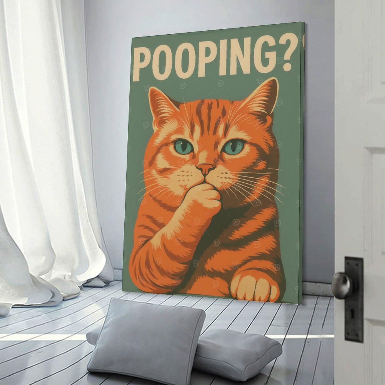 Junmoney Contemplative Cat Pooping Hanging Wall Art 20x30inch(50x75cm), for Study, Office Or Focused Interiors, Wall Art That Adds Style to Work Areas