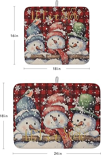 Miniatura 3 de Tapete de secado de platos de muñeco de nieve de Navidad para encimera de cocina, tapete de secado de platos de copo de nieve de invierno de