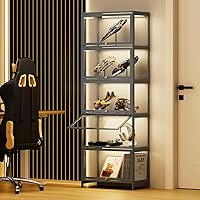 BRIGHTORIA 5-Tier Bamboo Display Cabinet with Flip Acrylic Doors - 68" Grey Showcase for Collectibles, Toys, Books & Playroom Storage