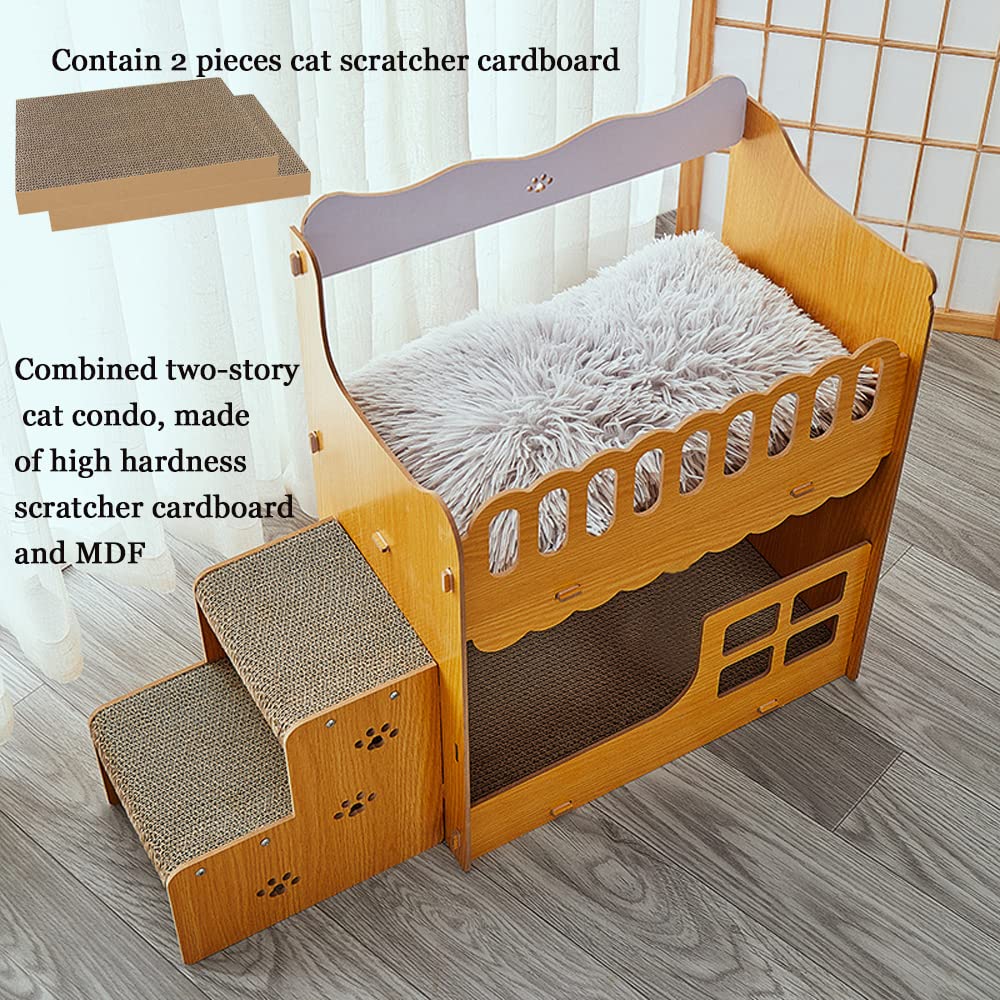 Cardboard Cat Scratcher House,Indoor Cat Beds Furniture,Cat Lounge for Kittens Within 8lbs,2 -Story Wood Cat House with Scratching Pad Board,Sturdy Cat Condos with Stairs.