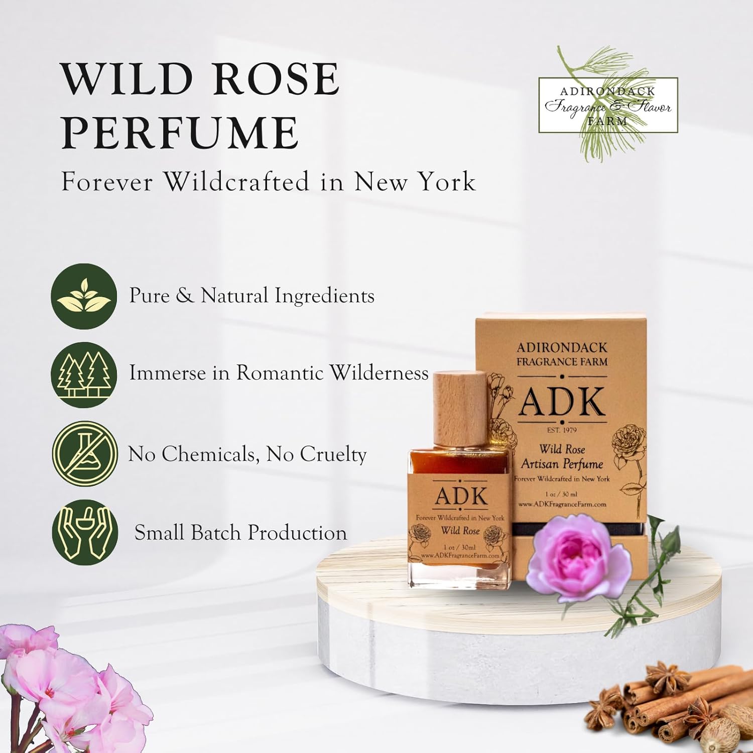 ADK Wild Rose Artisan Perfume Spray 1 oz (30 mL), Natural Hypoallergenic & Clean Perfume for Women & Men with Notes of Wild Rose, Rose Geranium, Clove, Cinnamon & Sweetgrass
