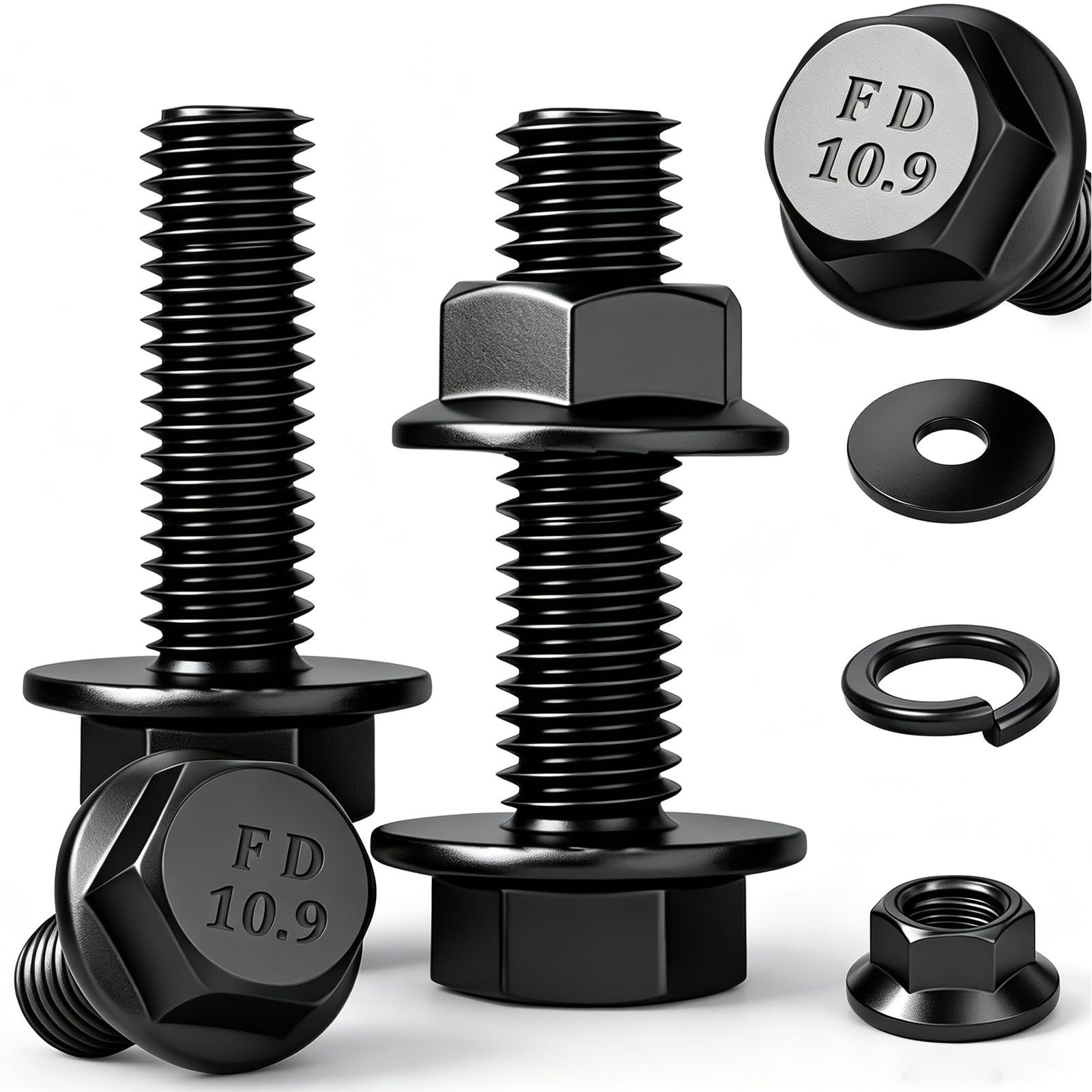 Photo 1 of Ruibapa 10 Sets M8-1.25 x 30mm Flanged Hex Head Bolts,Flange Nuts,Flat & Lock Washers,10.9 Black Zinc Plated,Full Thread,Alloy Steel