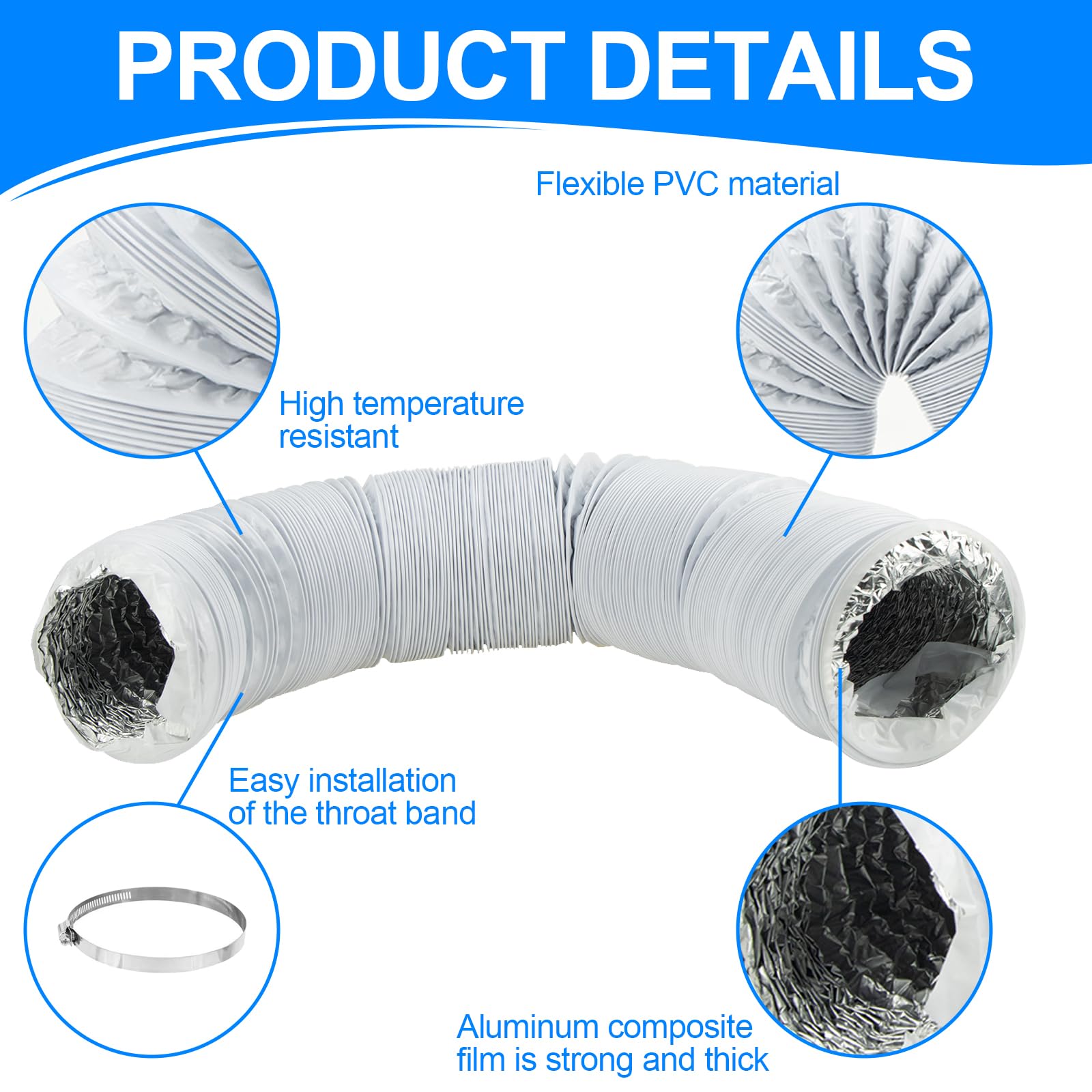 Tumble Dryer Vent Hose 4Inch 10FT(3m) Long Flexible Aluminum Air Ducting 100mm PVC White 4Layer Dryer Ducting Pipe with 2 Stainless Hose Clips(91-114mm) for HVAC Ventilation Extractor Fan System - Image 3