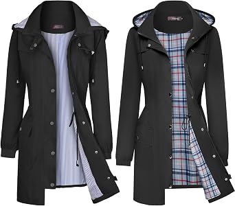 Bloggerlove Striped Rain Jacket with Plaid Lining Rain Jacket Black XL (Bundle)