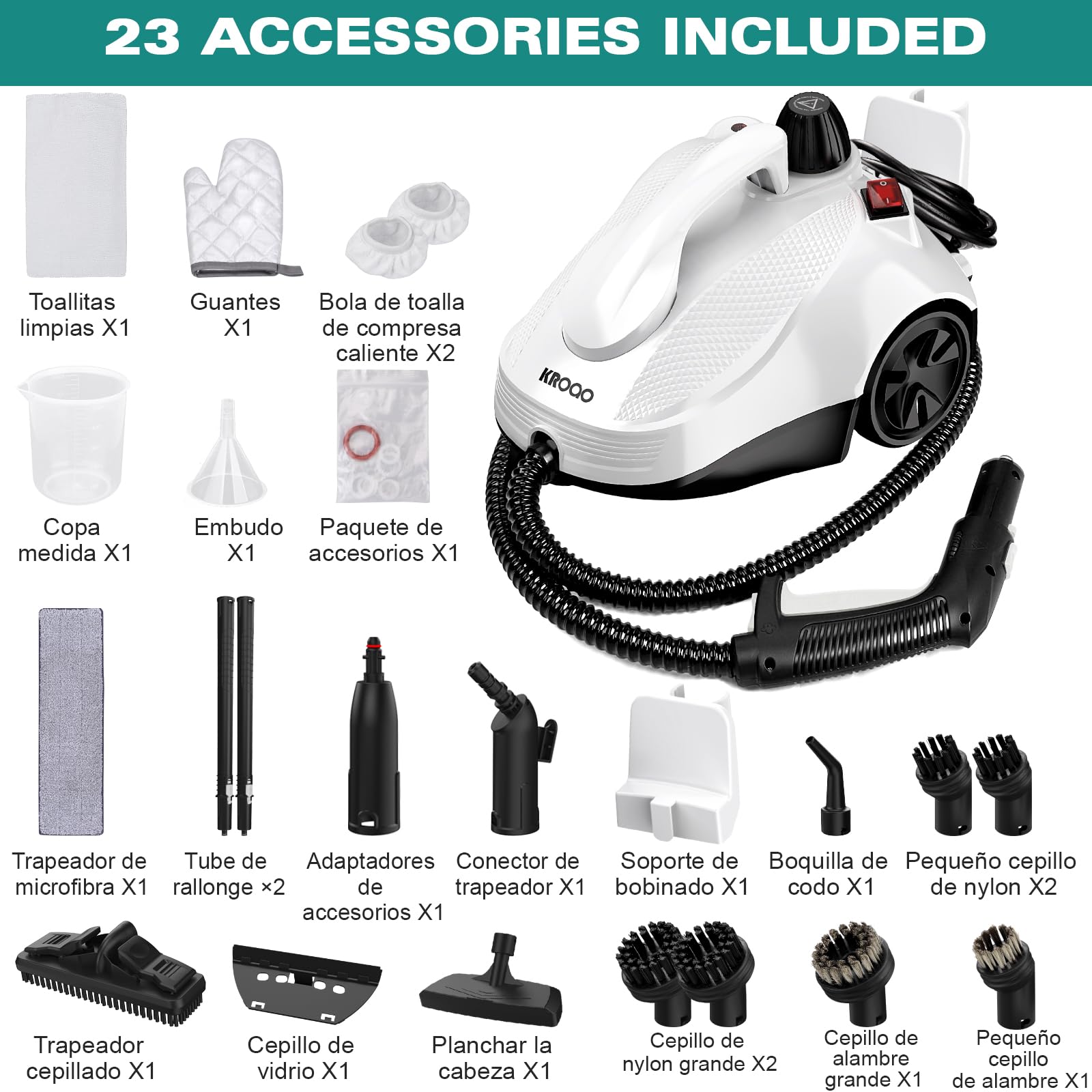 Limpiador de vapor multiusos para todo con 23 accesorios, quitar papel pintado, suelo, alfombra, sofá, tapicería, coche, azulejos, tapicería, baño, 1,5 L