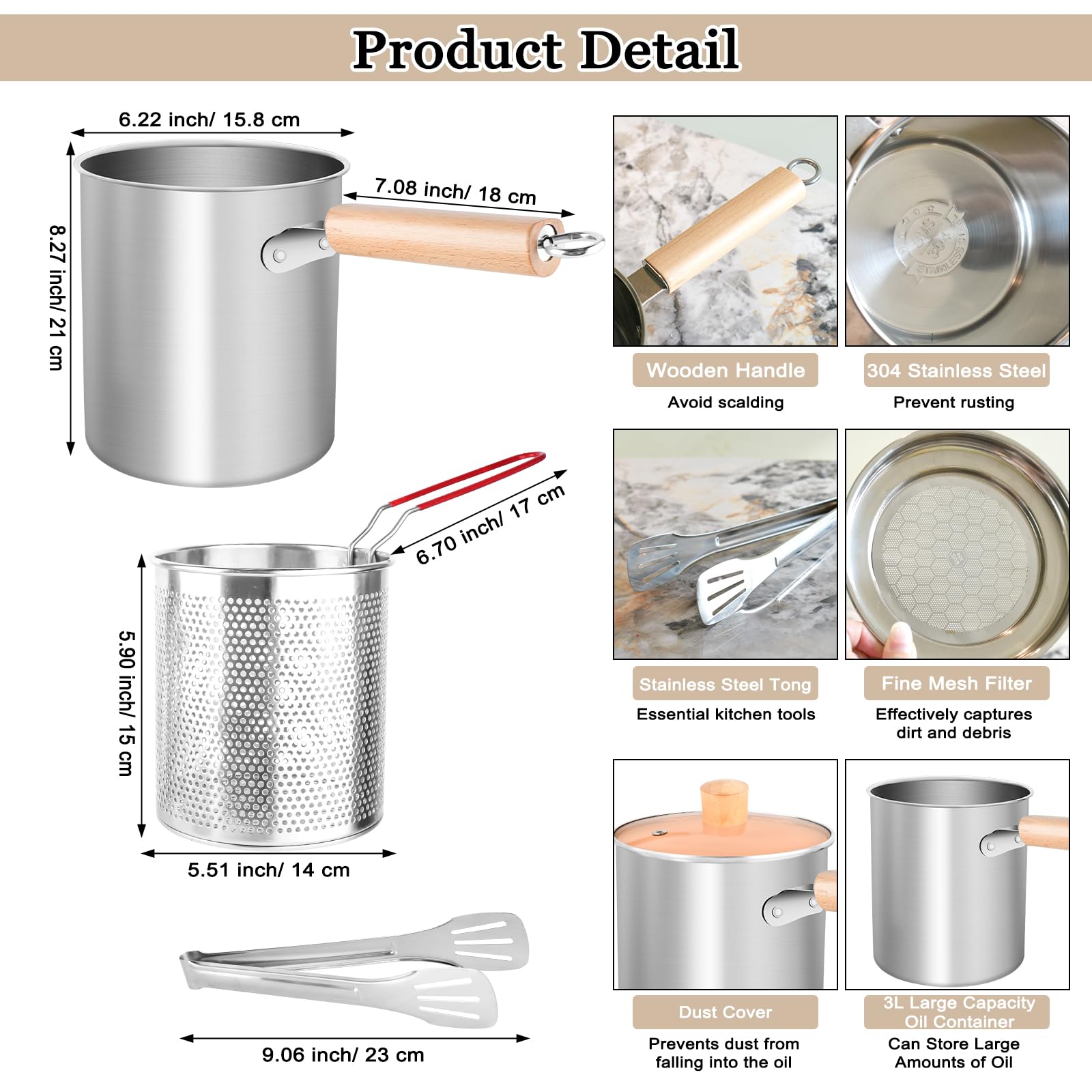 Casseruola per pasta da 3 l, per spaghetti con coperchio a colino, cestino per friggere e pinze per barbecue, in acciaio inox 304, manico anti-scottatura rimovibile, pentola multifunzione per