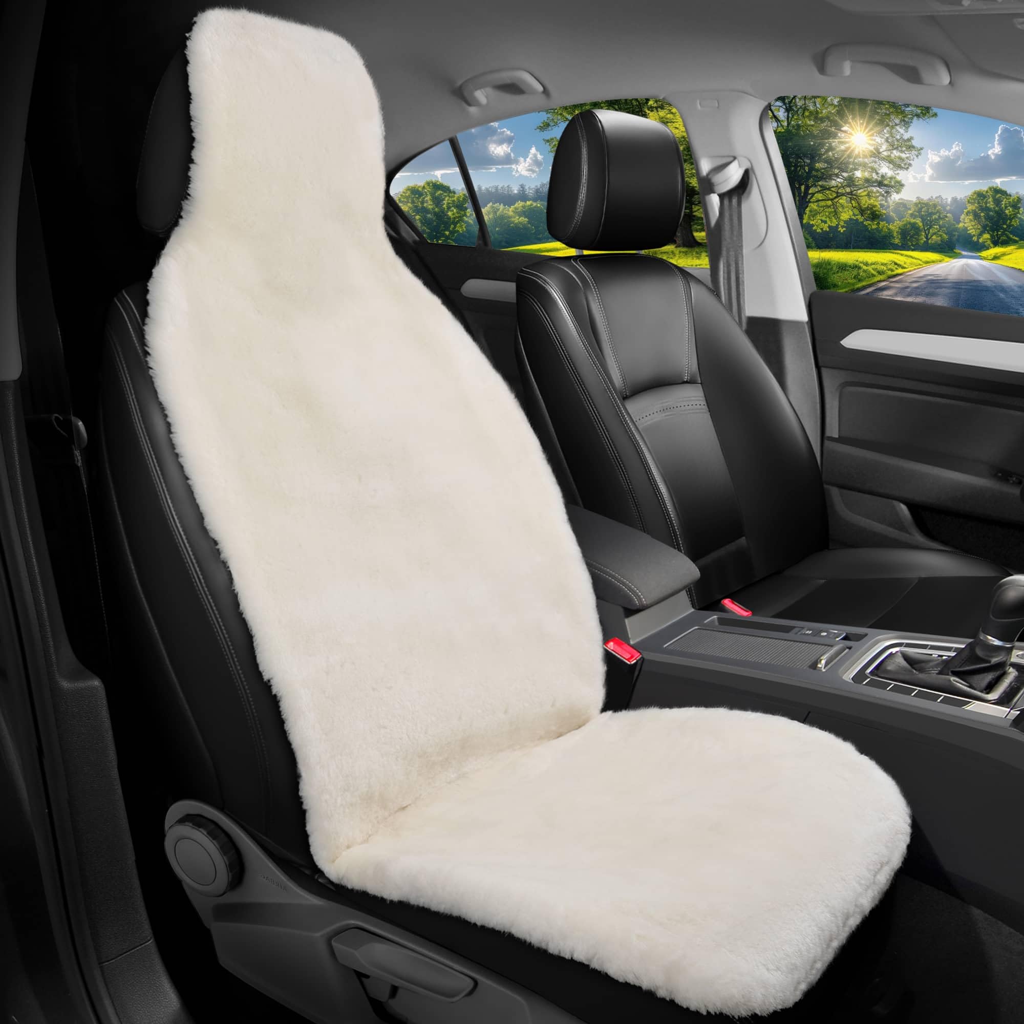 BREMER SITZBEZÜGE Universal Lammfell Sitzauflage Autositz, Echtfell Sitzbezug für Auto, Atmungsaktiver Autositzschoner in Beige, Universal passend für Wohnmobil PKW SUV Van Fahrer oder Beifahrer