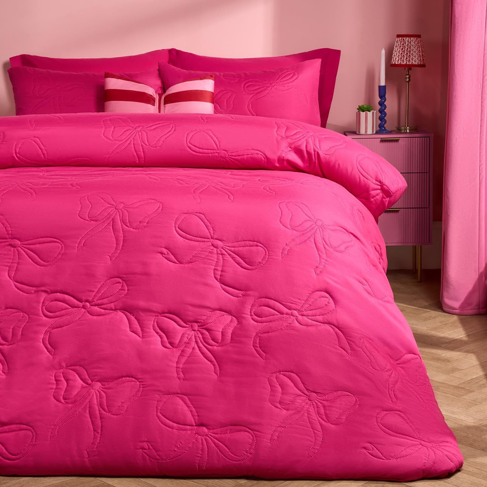 OHS Bow Bedding Quilted Duvet Cover Double, Bow Gifts for Women Super Soft Warm Microfibre Double Duvet Set Stylish Comfy Quilted Bedding with Pillowcases, Hot Pink