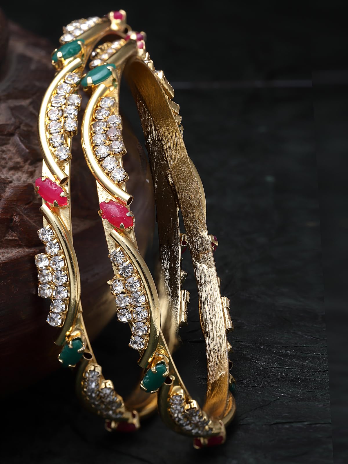 Plated Red & Green AD Stones Studded Bracelet Bangle Set
