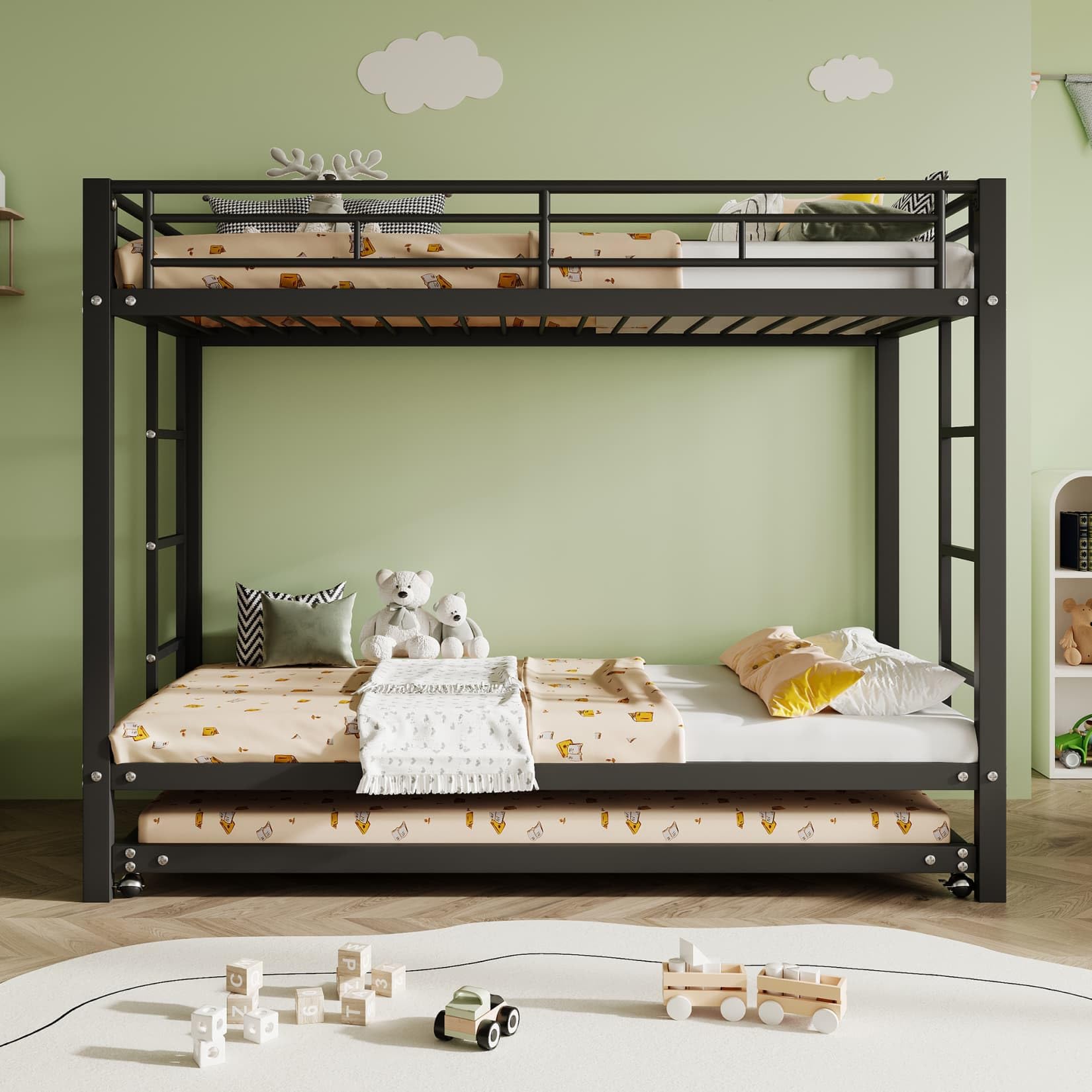 PUGSDRLY Lit Superposé 90x200cm avec Lit Gigogne 90x190(C-Noir) | Sommier à Lattes Solide,Structure Métallique,Escalier,pour Garçons Filles,Sans Matelas