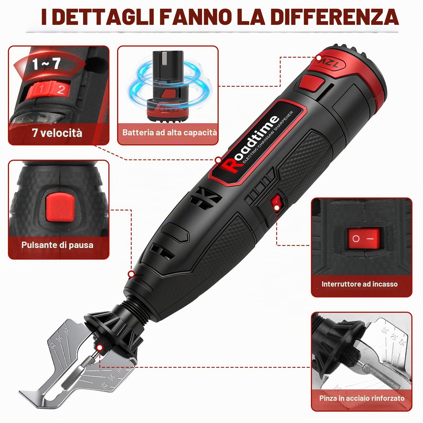 Set di affilatura elettrica per motosega con batteria da 1300 mAh, 9 testine abrasive | Affilatrice senza fili per motosega, con testa in lega e guida angolare, affilatrice portatile USB per motosega