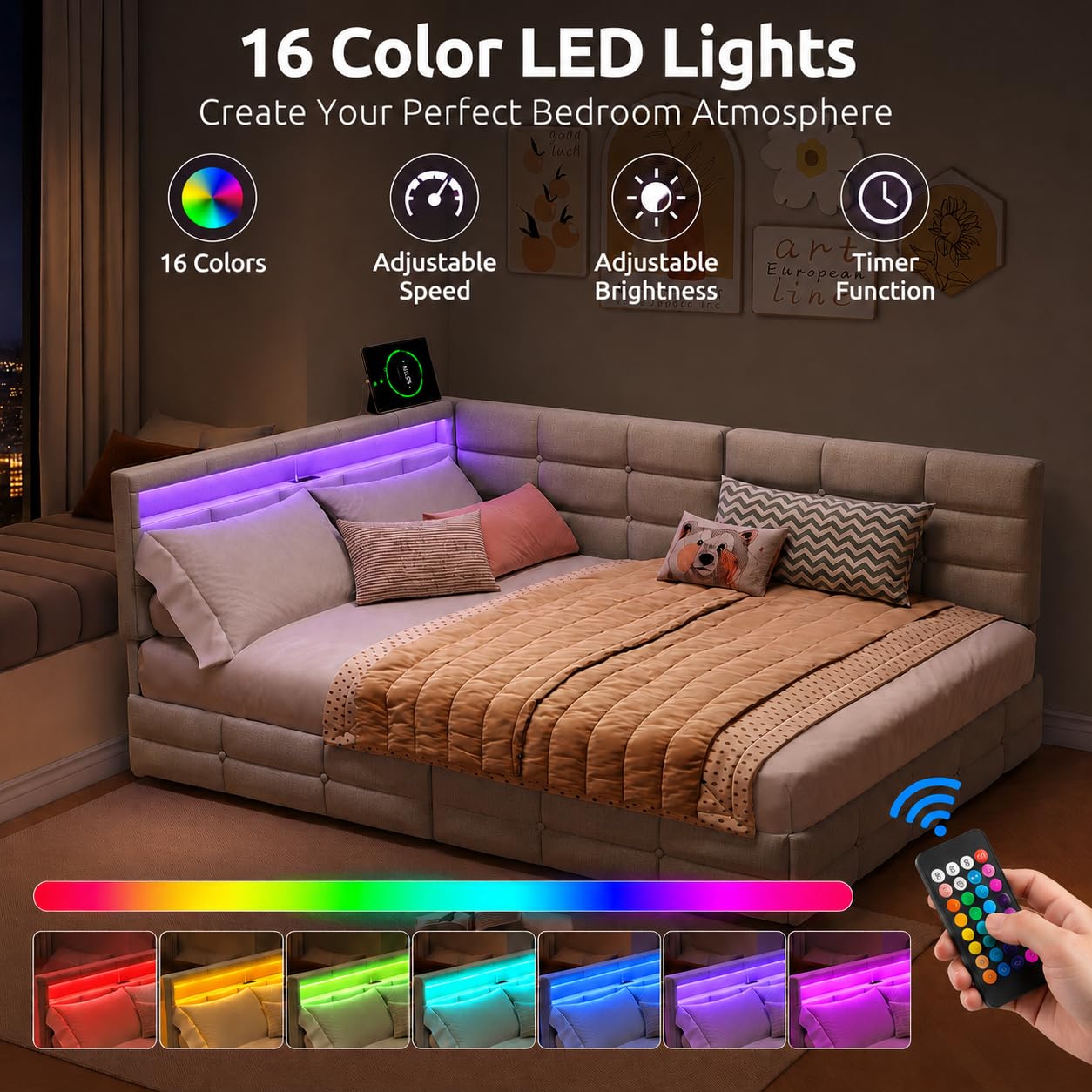 Letto angolare Divano Letto 140 x 200 con 2 cassetti, LED, presa USB, letto panca con testa reversibile e rete a doghe per soggiorno/studio/camera da letto, tessuto lino, senza materasso