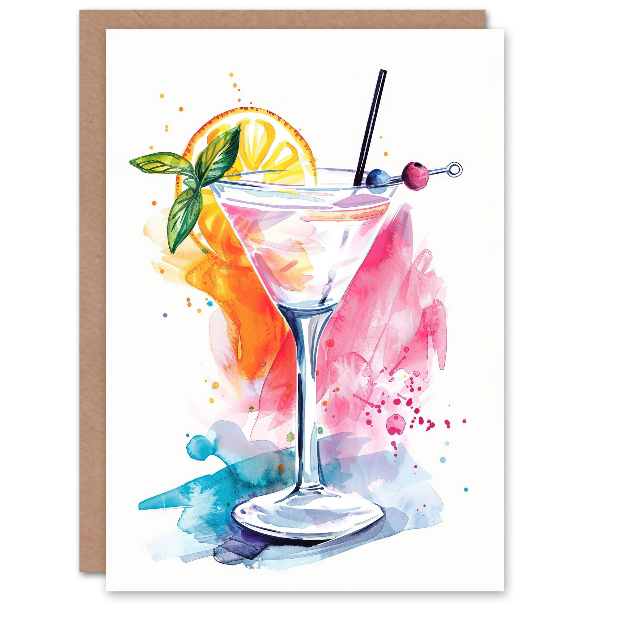 Artery8 Greeting Card Manhattan Cocktail Bright Modern Watercolour Blank For All Him Or Her Art Birthday Card