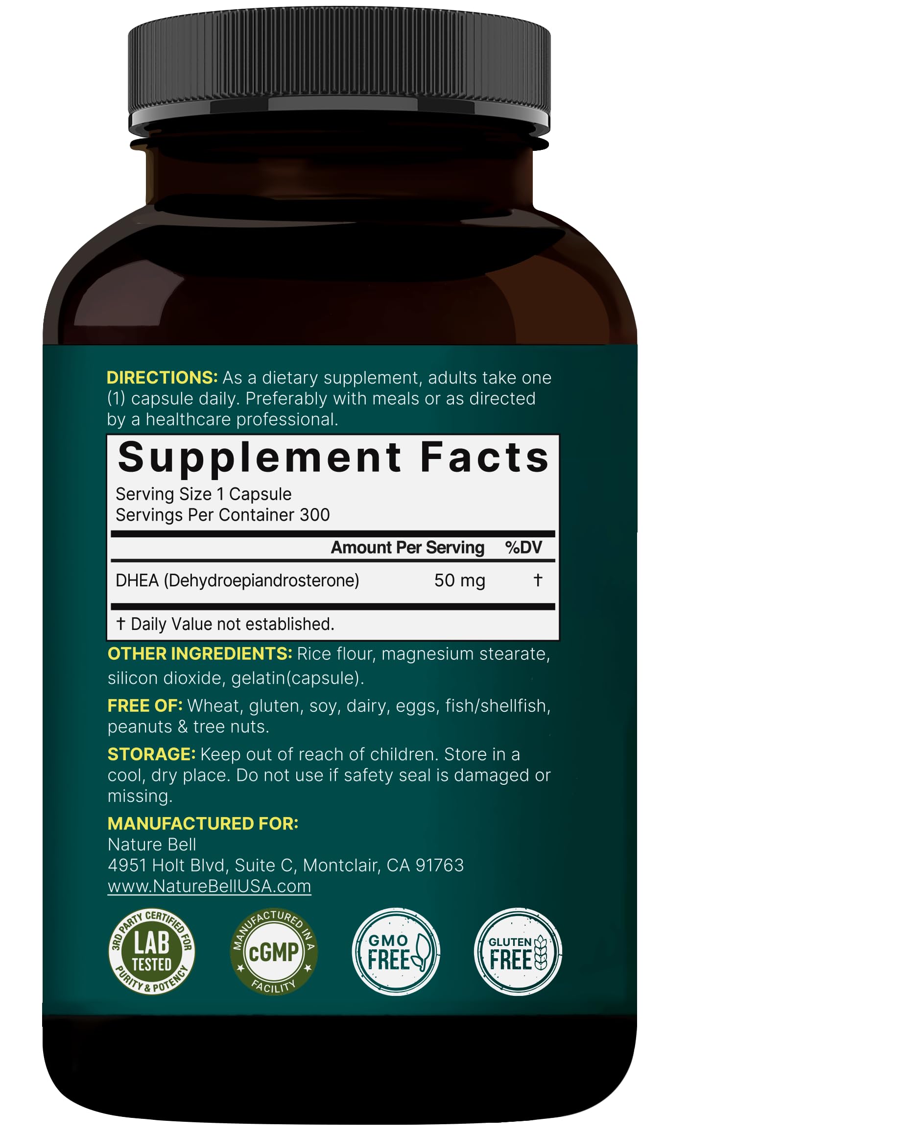 NatureBell DHEA 50mg for Men & Women, 300 Capsules | Micronized for Better Absorption | Plant-Based Source | Supports Energy, Metabolism & Healthy Aging | Non-GMO, Made in USA — Amazon image 7