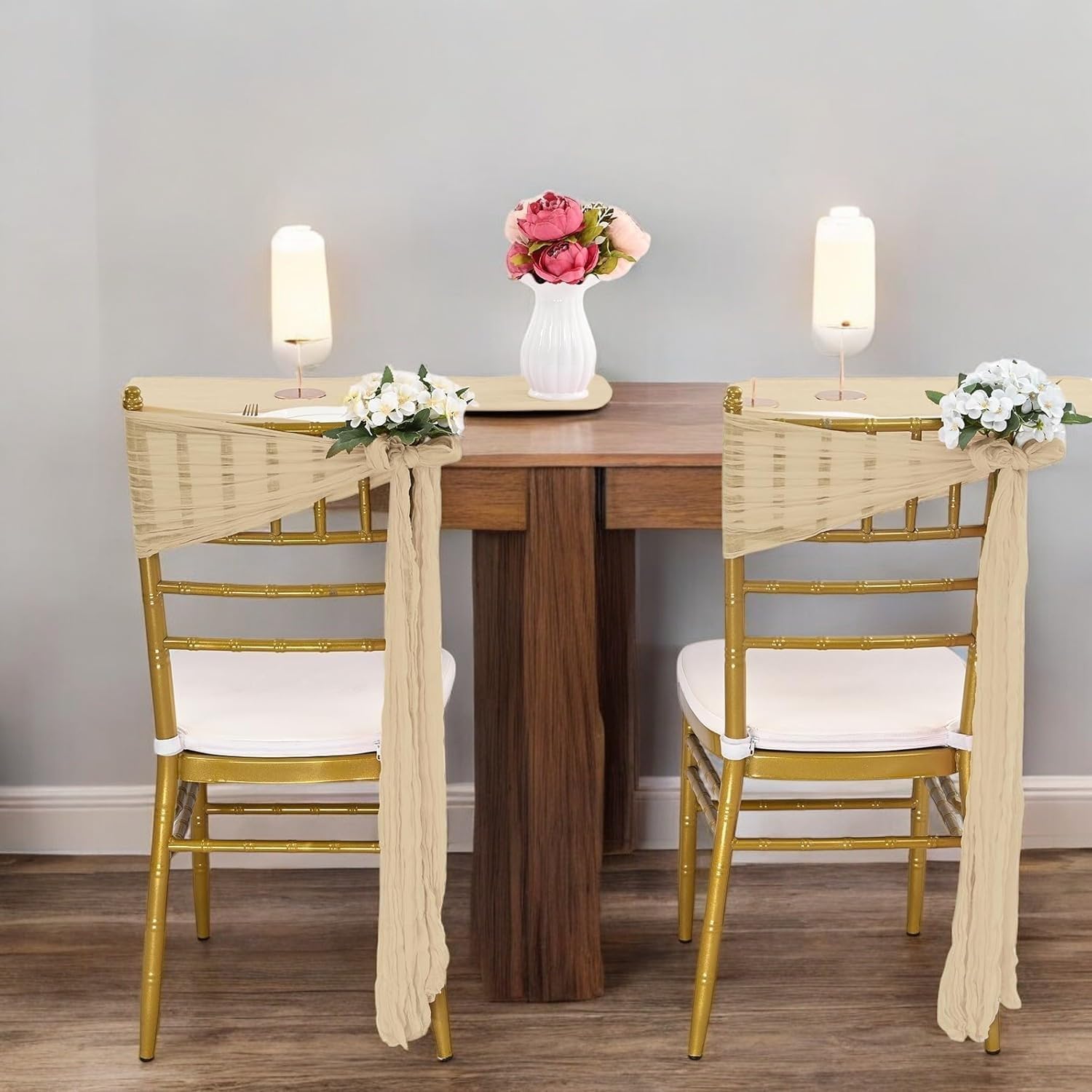 MDS Pack of 25 PCS Cheesecloth Chair Sashes 17”x70” Gauze Rustic Aisle Decorations Designed Chair Bows for Wedding Birthday Baby Shower Reception Party Banquet Hotel Event Decoration - Champagne