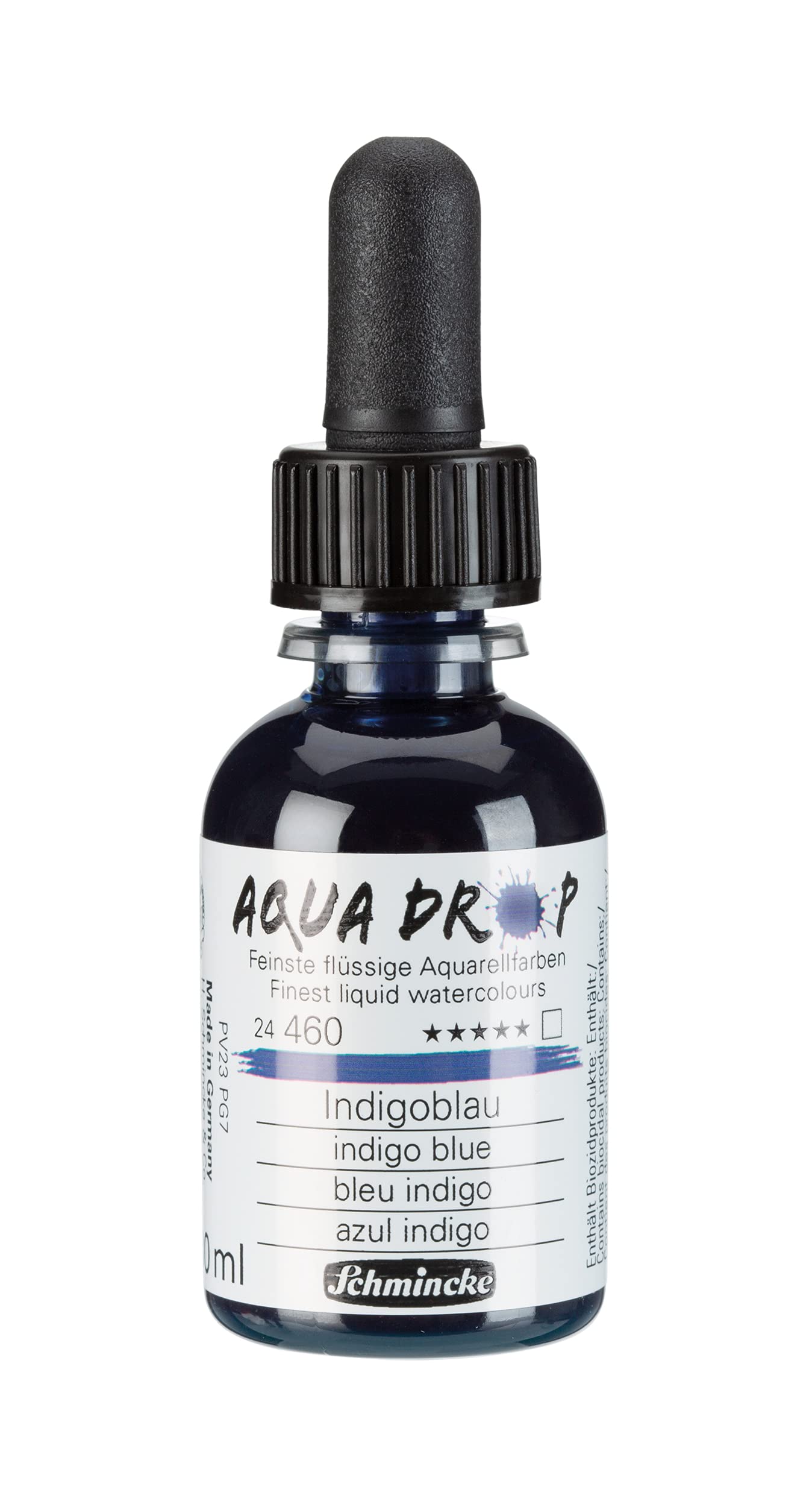 Schmincke - AQUA DROP, liquid, pigment-based watercolour, indigo blue in 30 ml pipette bottle, 24460034, for watercolour painting, urban sketching, calligraphy, handlettering, lightfast