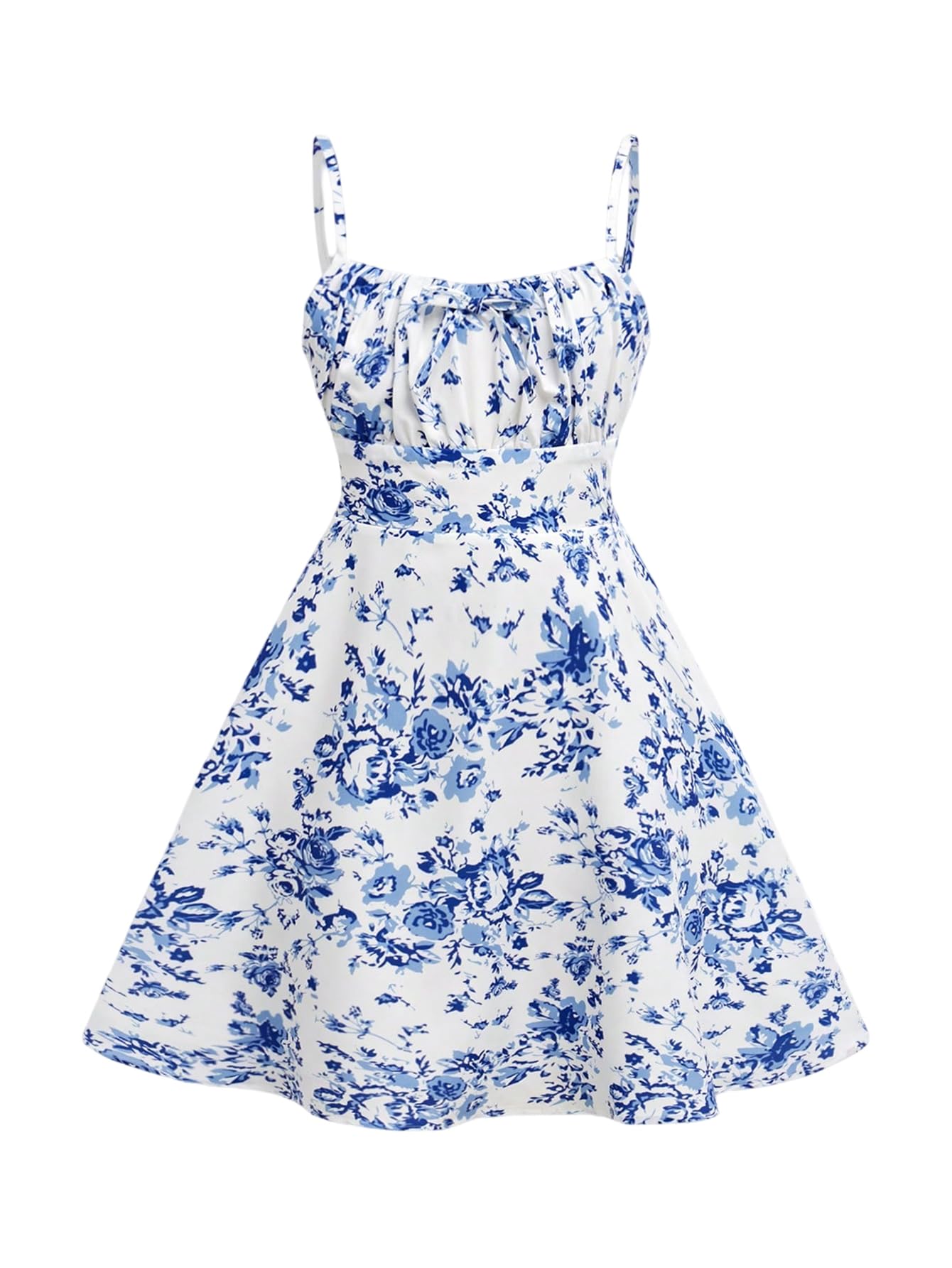 RoseSeek Girl's Floral Print Summer Dress Bowknot Ruched Bust A Line Cami Dress High Waist Ruffle Hem Cute Sun Dresses