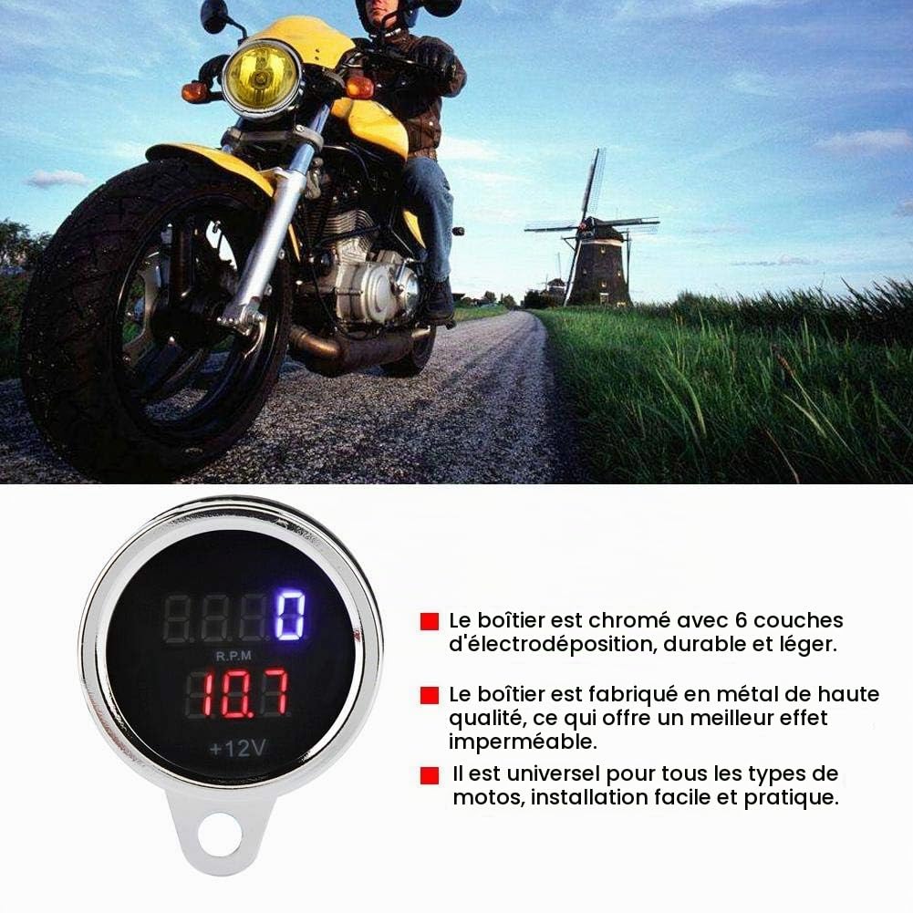 Fydun Compte Instrument Métal LED 2 en 1 Moto LED Numérique Voltmètre Tachymètre Jauge Métal Compteur Kilométrique Compteur de Vitesse