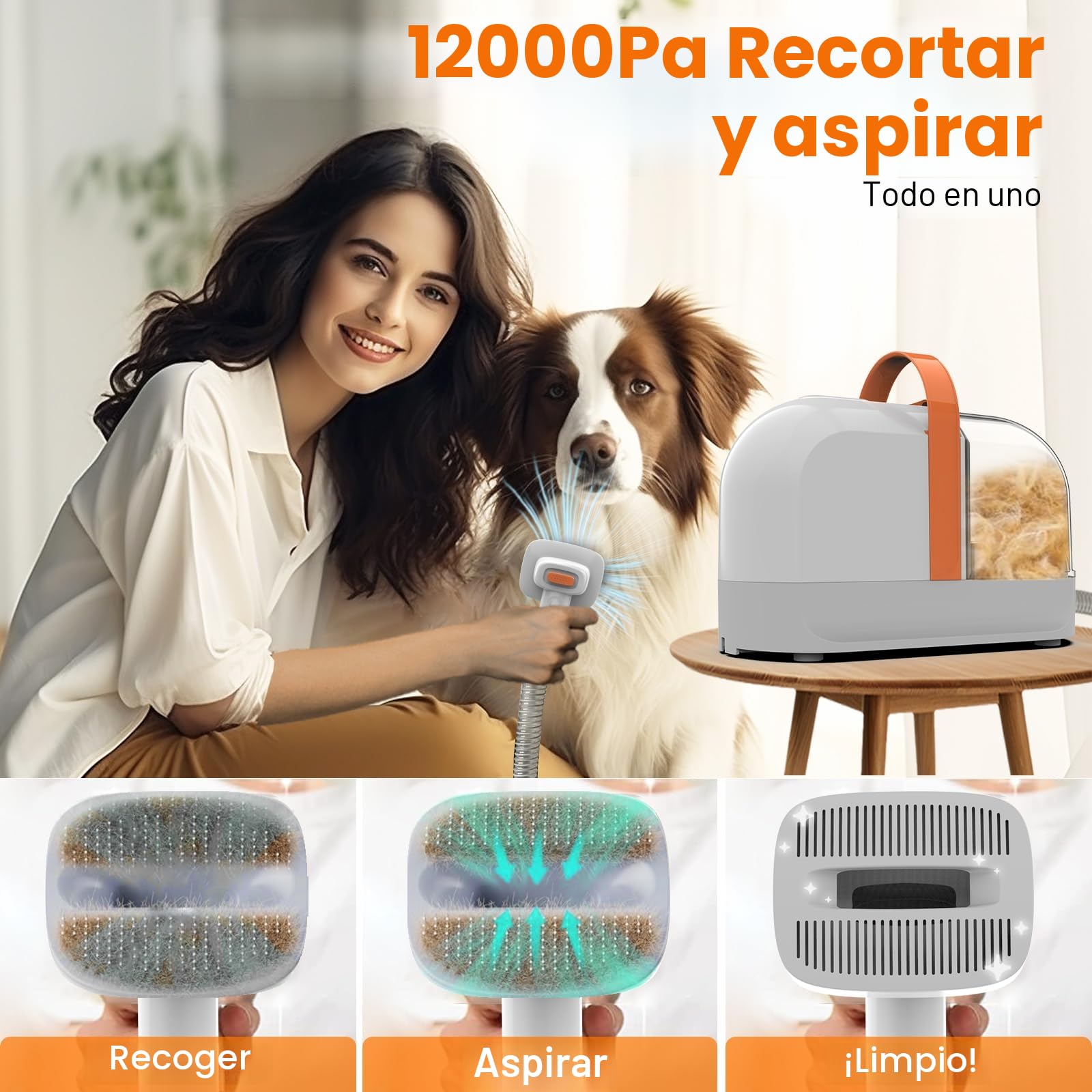 AIRROBO PG10 Aspirador pelos mascotas, Cortapelos perros con Aspiradora de Pelo, 12000 Pa, Máquina de Corte Silenciosa para Perros y Gatos, Incluye 4 Herramientas de Aseo