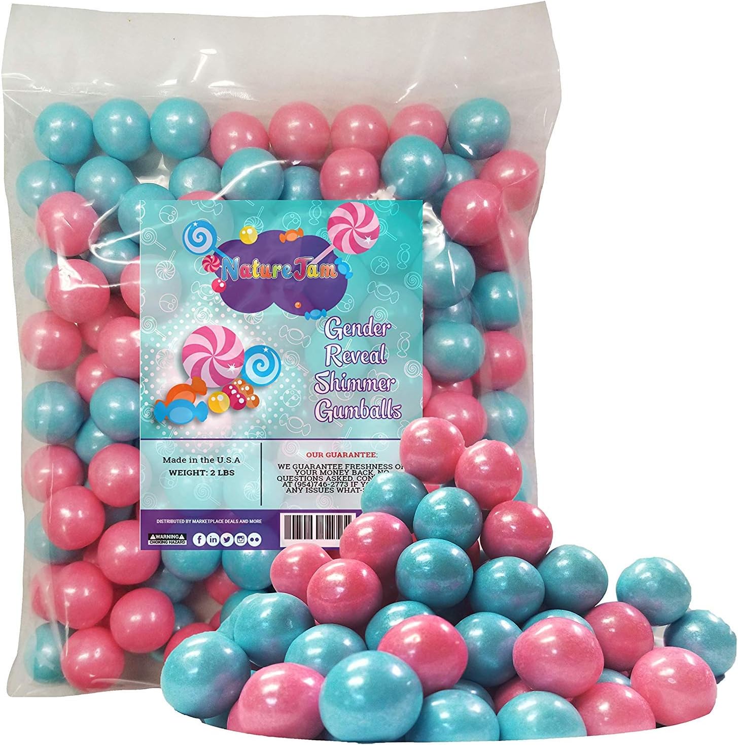 Naturejam Gender Reveal Gumballs Shimmer Pearl Pink And Blue Bubble Gum 2 Pounds 1 inch Gumballs-PADDED FOR SAFETY