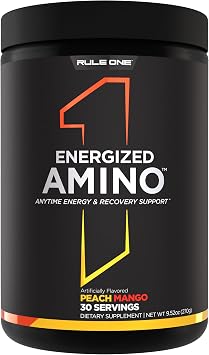 Rule 1 Energized Amino Anytime Energy and Recovery Support with BCAAs, Glutamine, Citrulline, Beta Alanine, and Caffeine from Green Coffee & Tea Leaf Extracts 30 Servings, Peach Mango