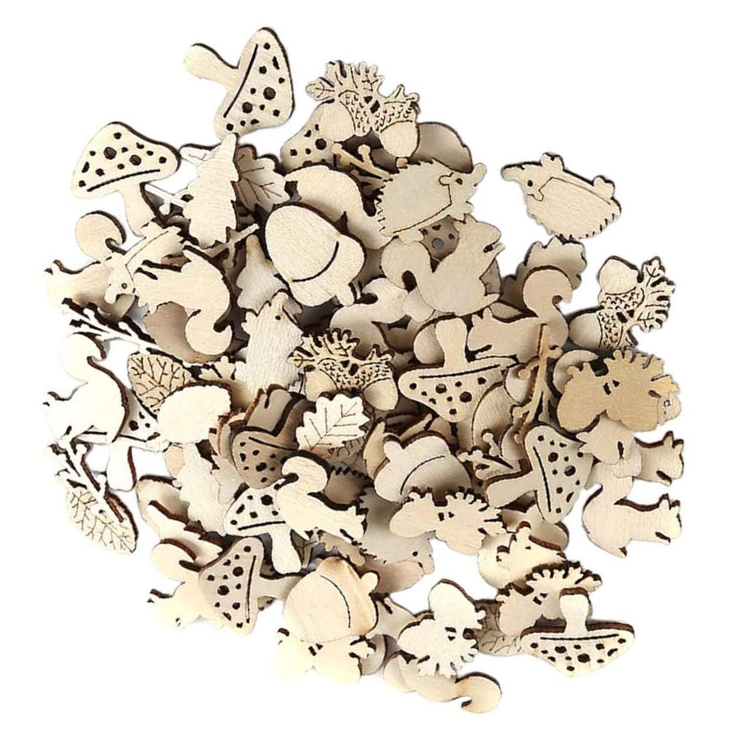 50-Piece Assorted Sizes Shapes Wood Cutouts Shapes Wooden Craft Tag Decoupage Embellishments DIY Scrapbooking Card Making Wood Art Decoration Buttons