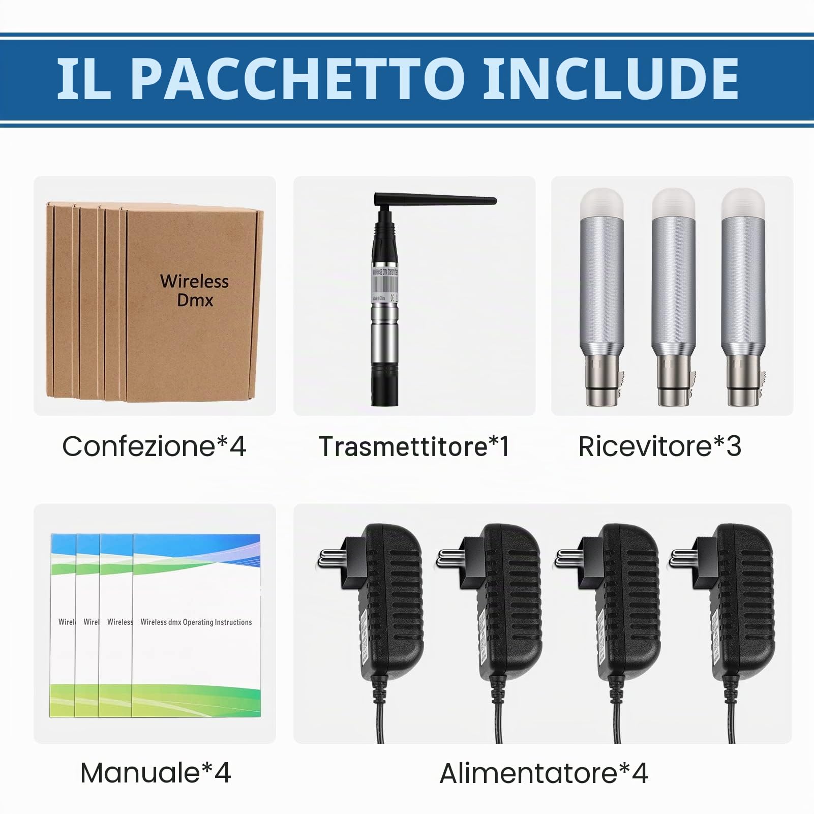 Confezione da 4 dmx512 Maschio/Femmina trasmettitori wireless/ricevitore wireless ricaricabile 2.4G ISM dmx512 Controller per illuminazione palcoscenico