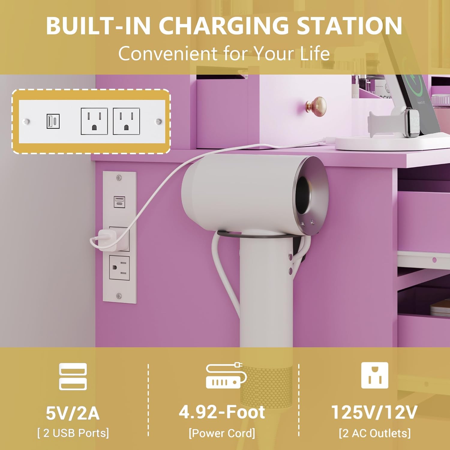 Makeup Vanity Desk with Mirror and Lights, Purple Vanity Table Set with Storage Drawers, Charging Station & Cabinets, Large Dressing Table with RGB Ambient Light for Women Girls Bedroom Bathroom