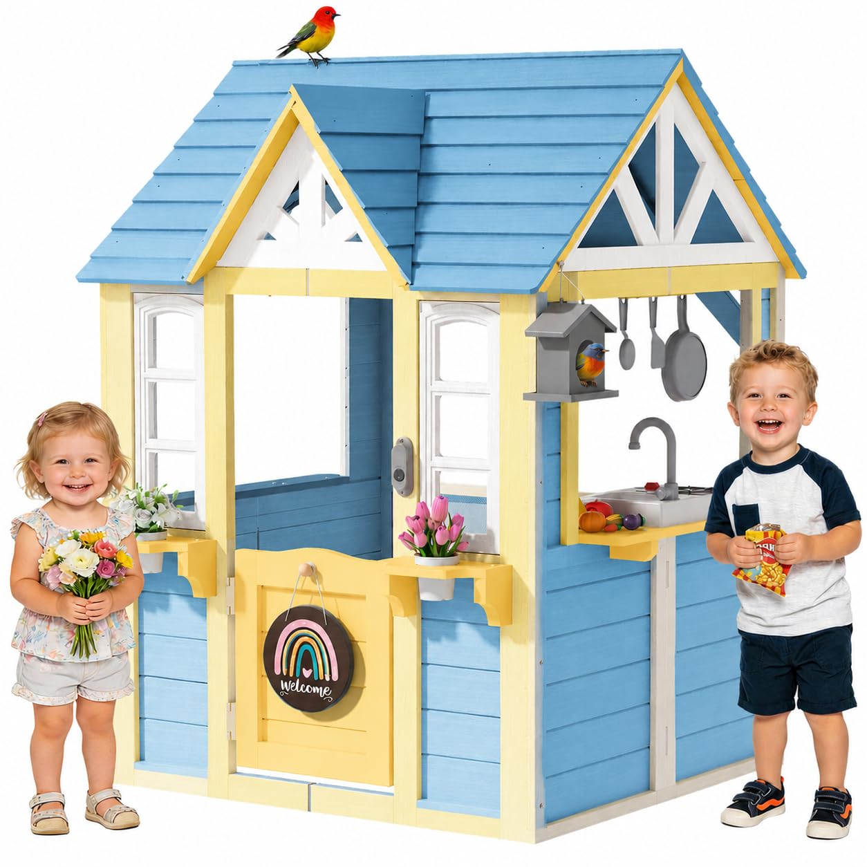 BIERUM Wooden Outdoor Playhouse for Kids with Pretend Play Ages 3-8