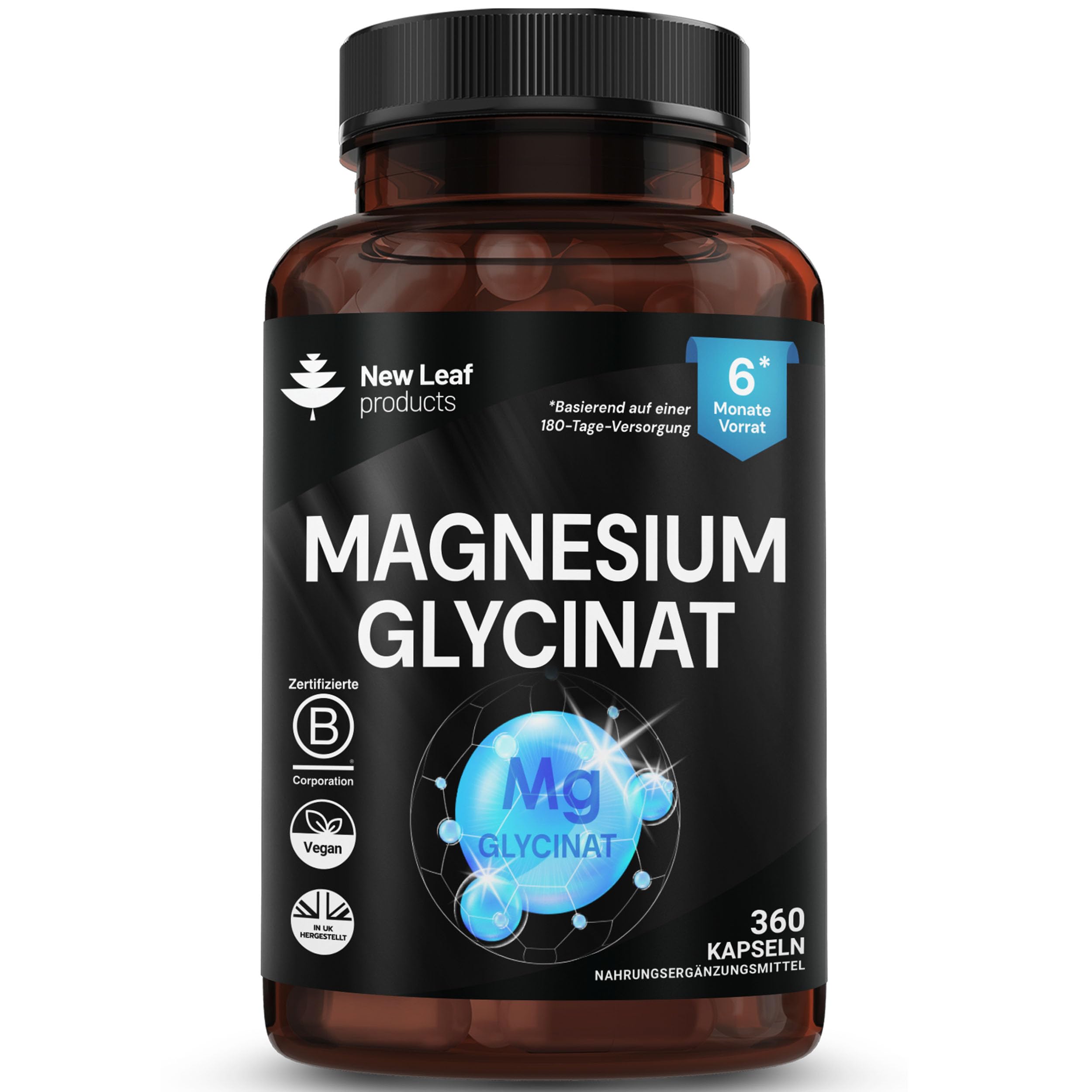 Magnesium Bisglycinat 1040mg - 360 Kapseln (6 Monatsvorrat) - Hochdosiert Magnesium Glycinat Vegan Kapseln - Hergestellt in Großbritannien von New Leaf