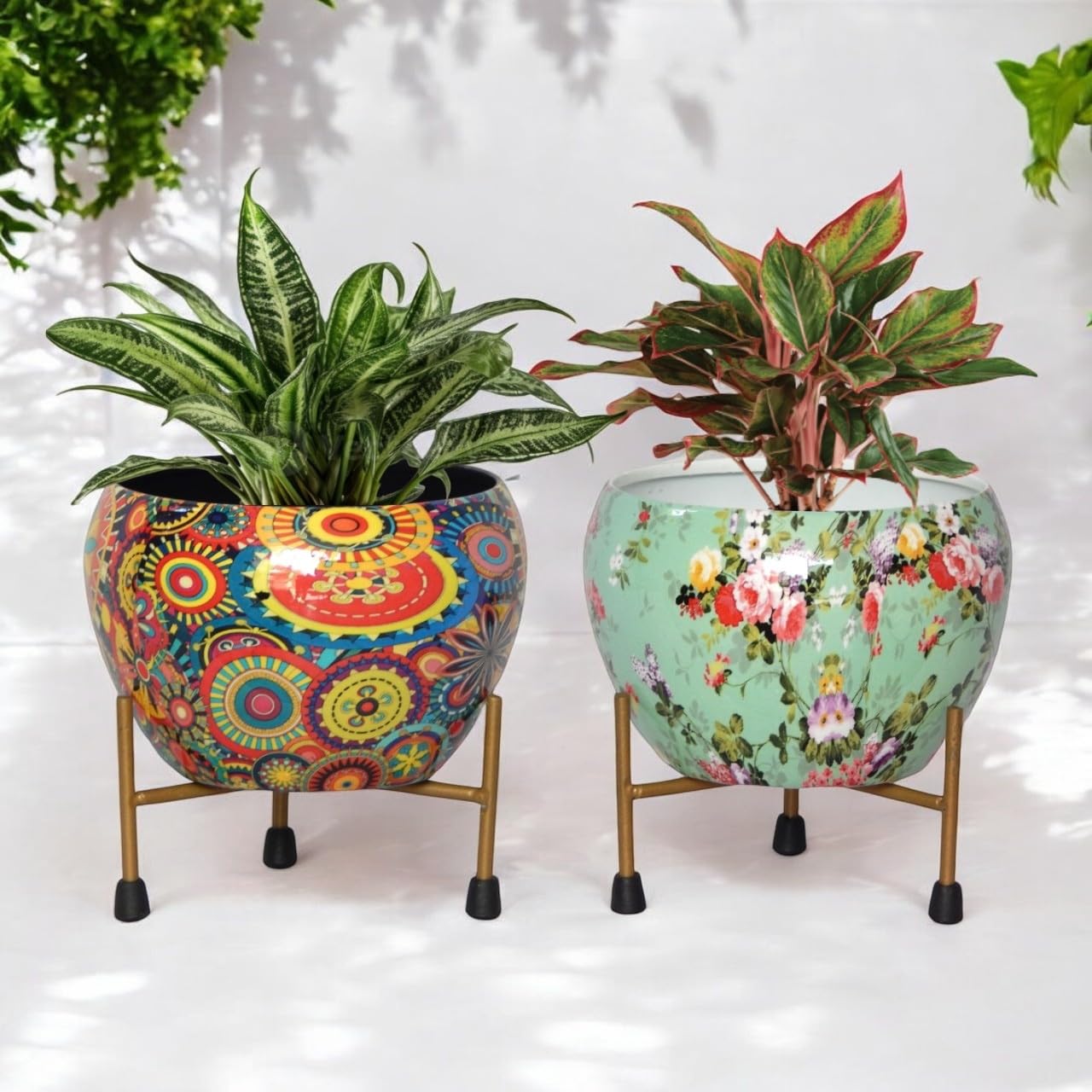 ecofynd 5 inches, Lio Designer Metal Planter Pot with Stand, Modern Style Planter Set, Indoor Outdoor Home Item for Garden Plants Flower, Balcony, Living Room, Garden, Bedroom Decor (Pack of 2) (B0BCGMZ613) Amazon Price History, Amazon Price Tracker