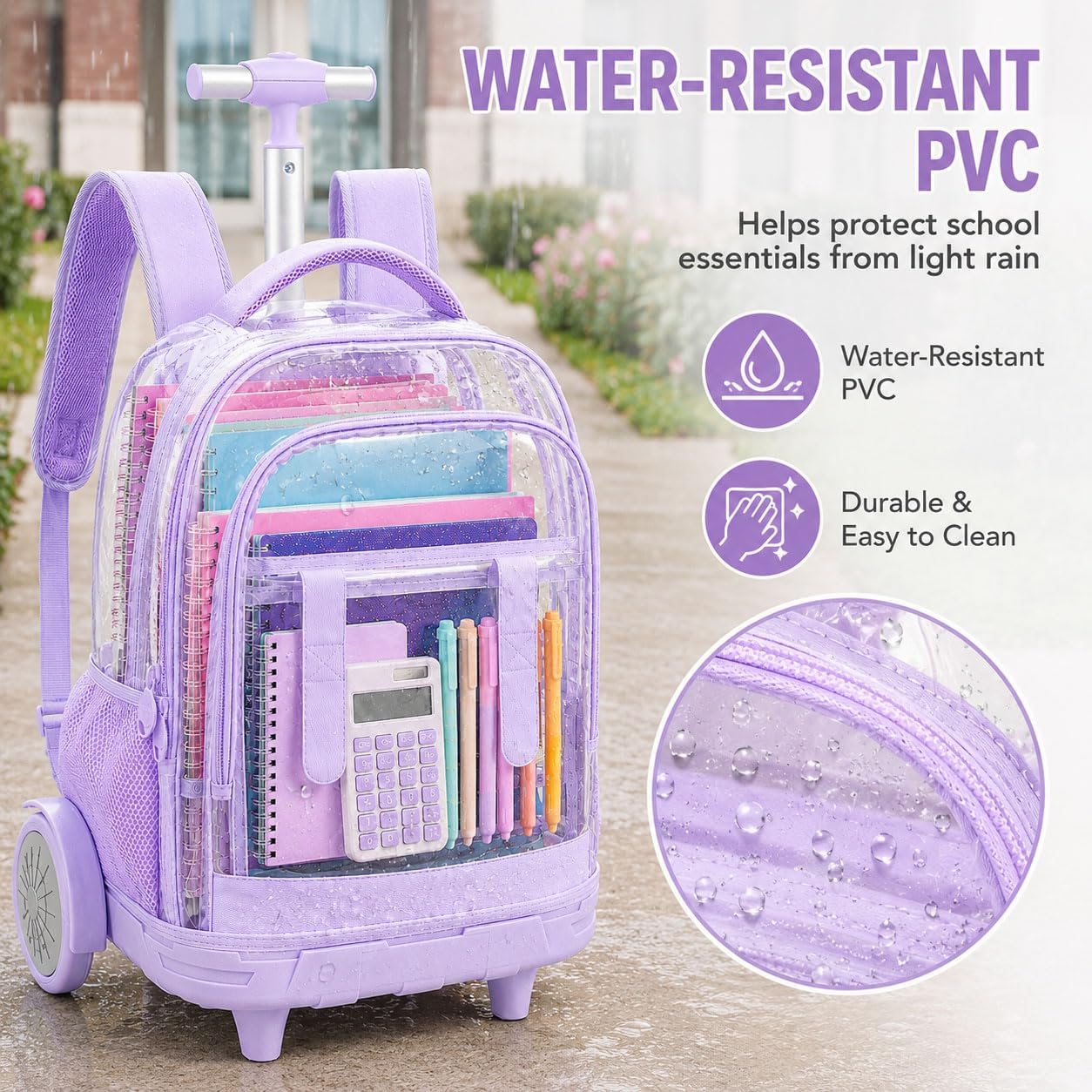 KLFVB Women & Girls Clear Rolling Backpack with Big Quiet-Glide Wheels, 3-in-1 Transparent Wheeled Commuter Set with Lunch Bag | Water-Resistant See-Through Roller Bag for Travel, School - Purple image 3
