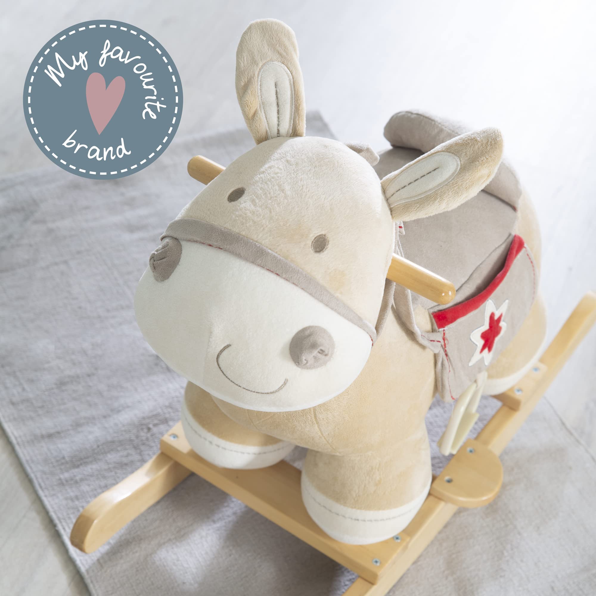 roba Burro Balancín de Madera y Peluche Suave + Estribos y Asas - Ayuda a Mejorar el Equilibrio - Para Niñas y Niños de 18 meses a 6 años - Marrón
