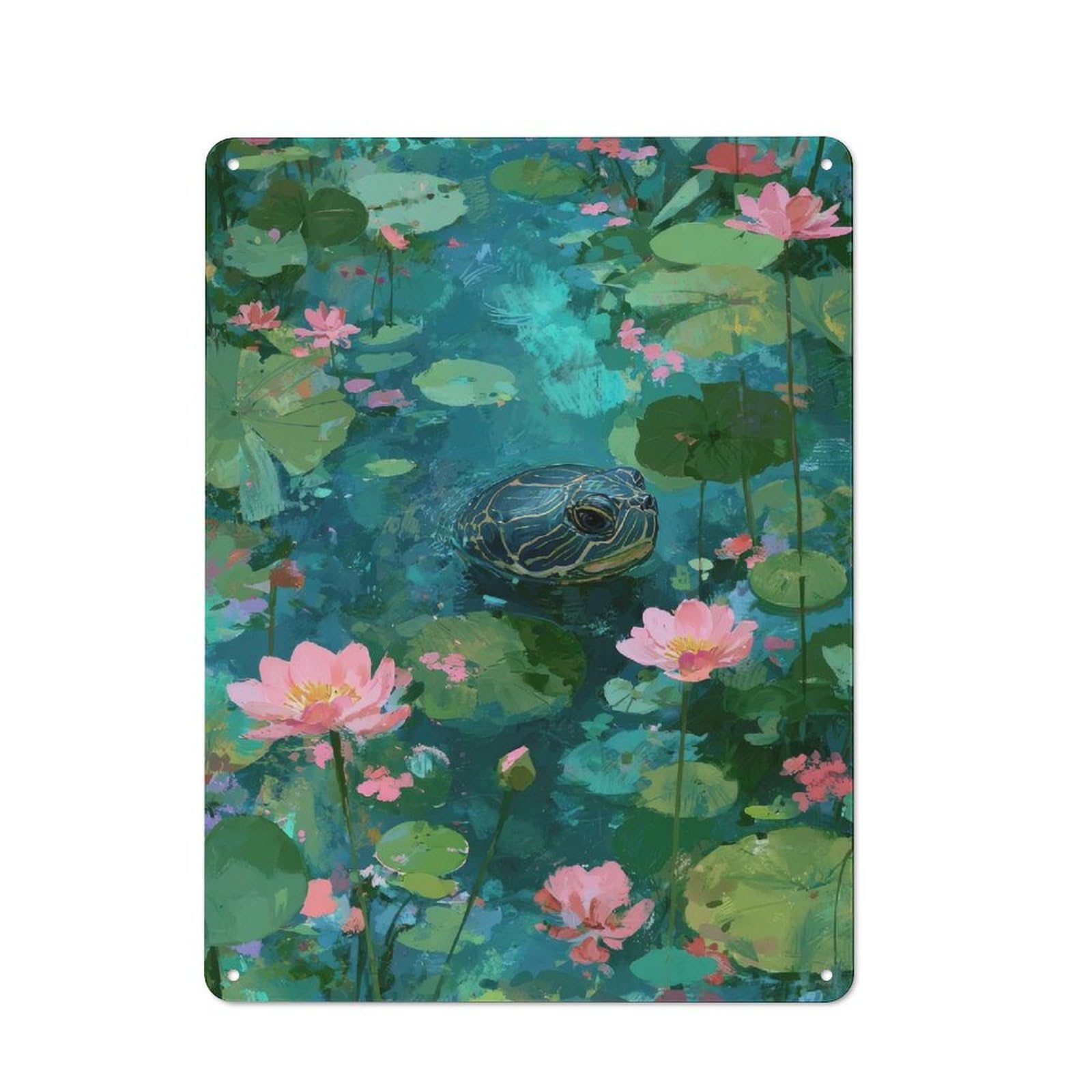 Junmoney Turtle In A Lily Pond Painting Vintage Metal Sign 40X30cm For Dining Room Or Kitchen, Suited To Home Decor Collectors