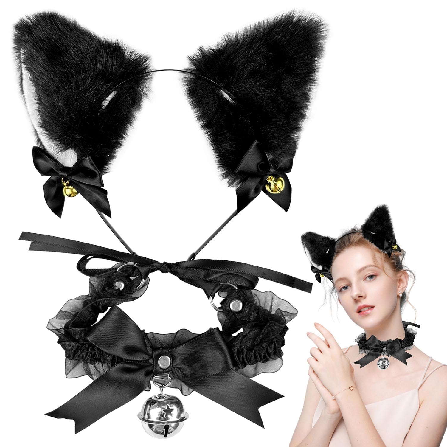 Orejas de Gato, Orejas Gato + Gargantilla Campana, Diadema de Oreja de Gato Adecuado para Niñas y Mujeres Cosplay Fiesta Disfraces Halloween Carnaval Fiesta Cumpleaños (Negro)