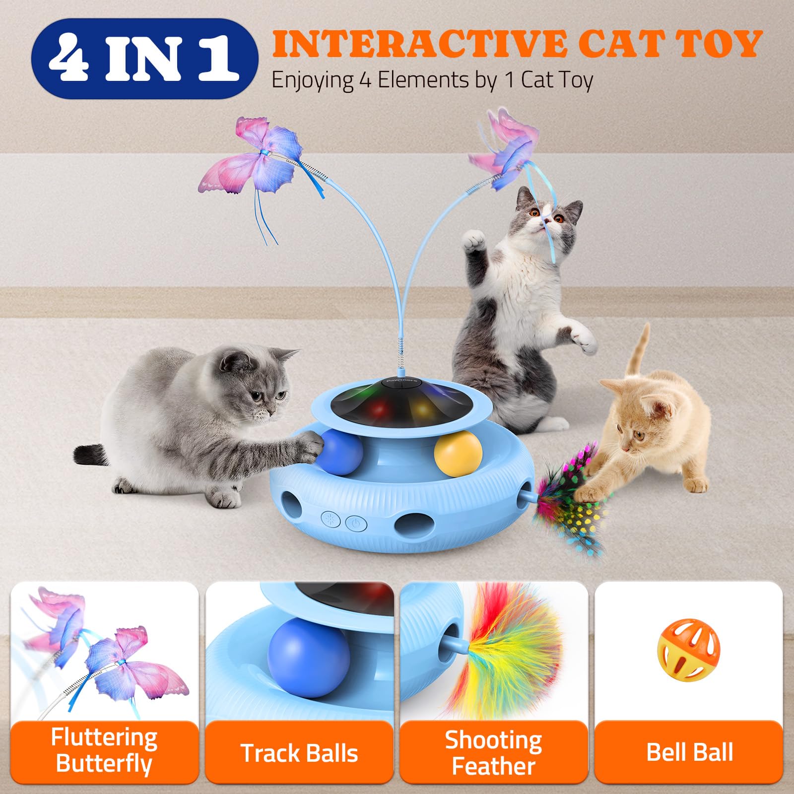 Jouet interactif pour chat : jouet automatique 4 en 1 pour chat d'intérieur, jouet électrique avec batterie rechargeable, jouet pour chaton avec papillon flottant, balle de piste et paquet de plumes