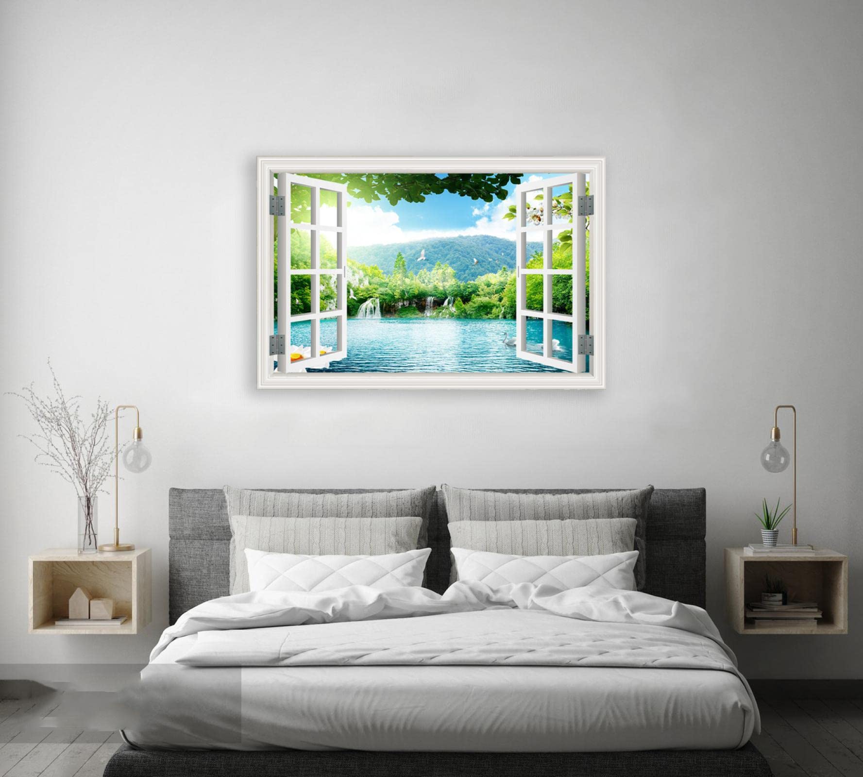 Amazon.co.jp: 額装. 窓のキャンバスの絵。白鳥の湖の水窓の風景画