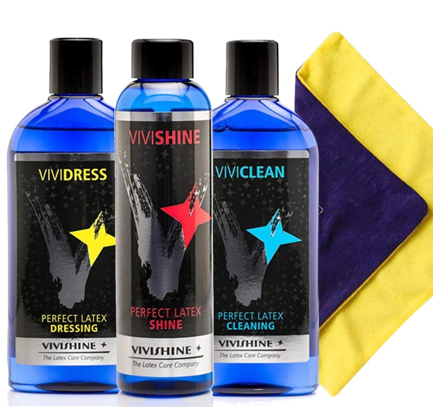 Vivishine 150 ml, Vividress 250 ml, Viviclean 250 ml, Viviwipe Combo para ropa de látex
