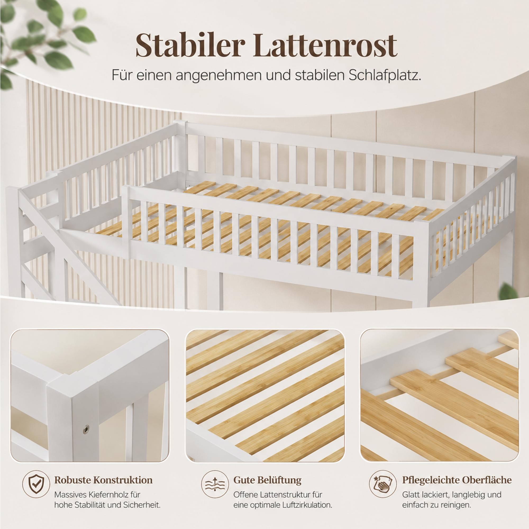 DULRLLY Lit Double Mezzanine 140x200 cm, Lit Superposé Enfant avec Escaliers de Rangement et Barrière de Sécurité, Sommier à Lattes en Bois, Lit Hauteur pour 2 Enfant, Garçon et Fille, Blanc
