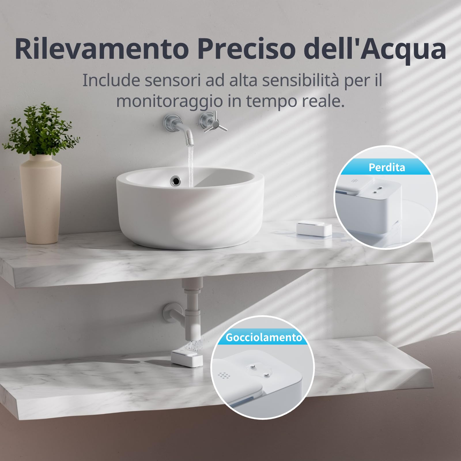 Sensore d'Acqua WiFi SwitchBot di 3, Rilevatore di Perdite d'Acqua Intelligente, 100dB Avvisi Regolabili e di App, IP67 Impermeabile, Rivelatore Wireless, nessun Hub richiesto (supporto 2.4G)