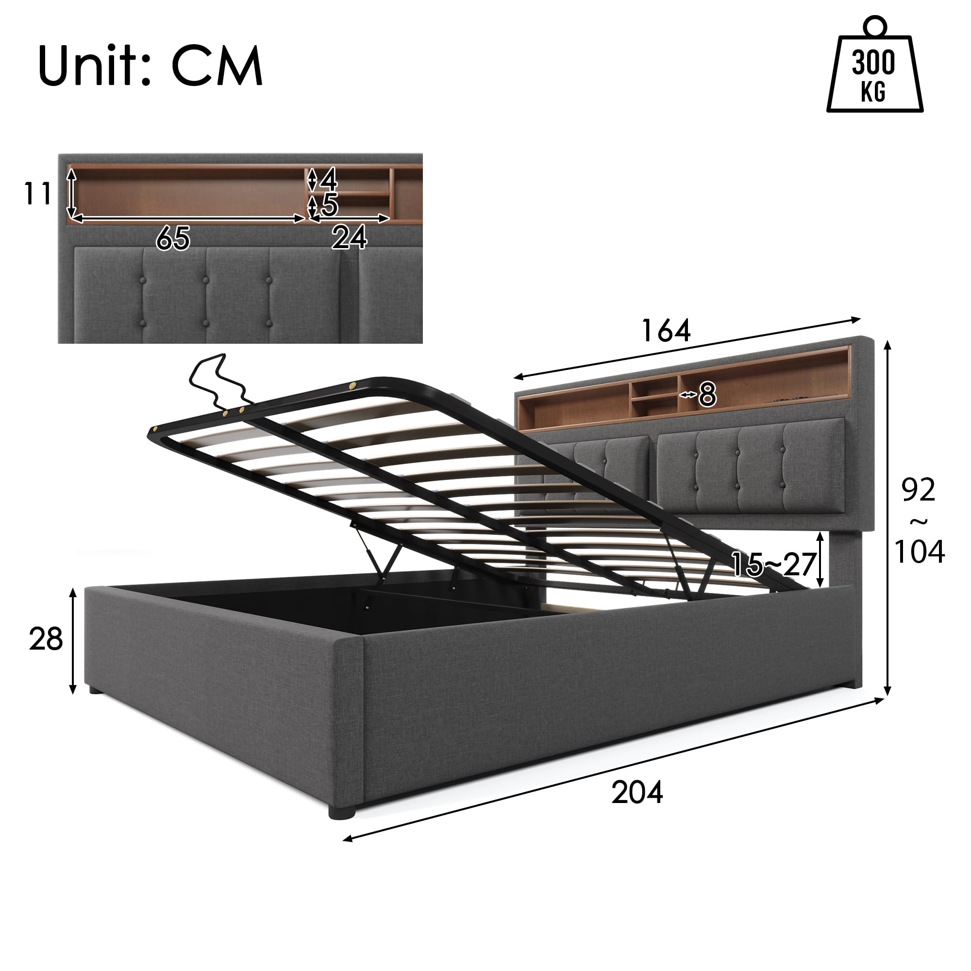 Letto Matrimoniale 160x200 Con Luci E USB - Testiera Imbottita, Contenitore, Senza Materasso