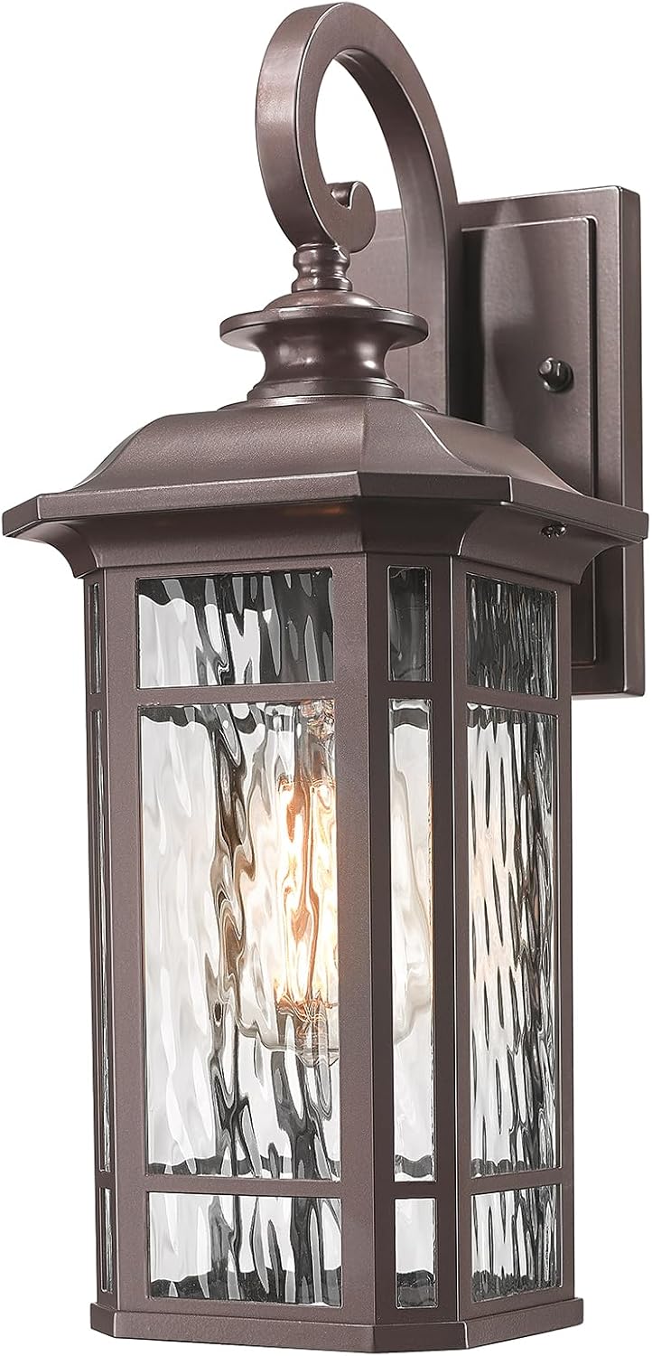 Outdoor Porch Lights Wall Mount, Outdoor Wall Light Fixtures Exterior Lights for House, Lantern Cage Coach Carriage Light with Water Ripple Glass for Front Door Garage Patio