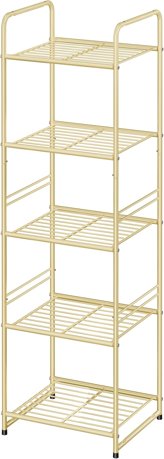 4 Tier Wire Shelving Storage Rack Outdoor Indoor Waterproof, Stackable Heavy Duty Steel 17.7-Inch Bathroom Shelf Organizer, Perfect for Kitchen Pantry Closet, Gold