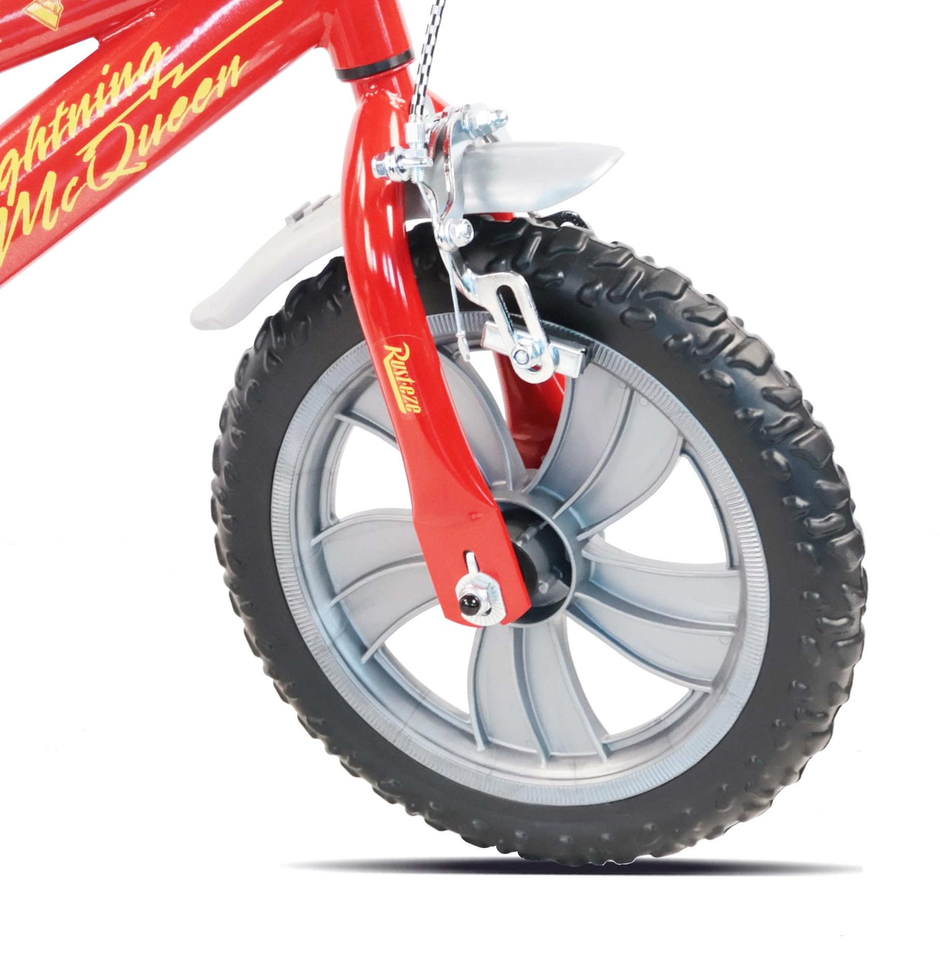 Vélo 12" Cars de Disney - 1 Frein - Pignon Fixe - Pneus Increvables EVA - Roues Bâtons - Plaque Avant décorative - 2 Stabilisateurs - Garde Boue - Carter de Protection - Porte Bidon et Bidon arrière