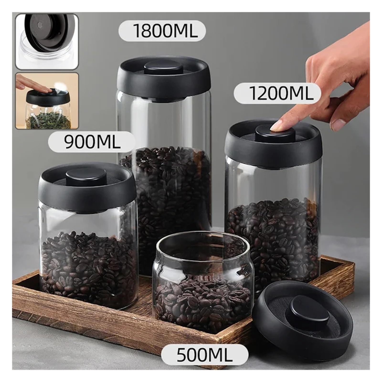 Vakuum-Glasvorratsglas, transparenter luftdichter Behälter | Für Kaffeebohnen und Getreide, manuelles Vakuumpumpen, feuchtigkeitshemmend, 500 900 1200 1800ml(1200ml Golden)