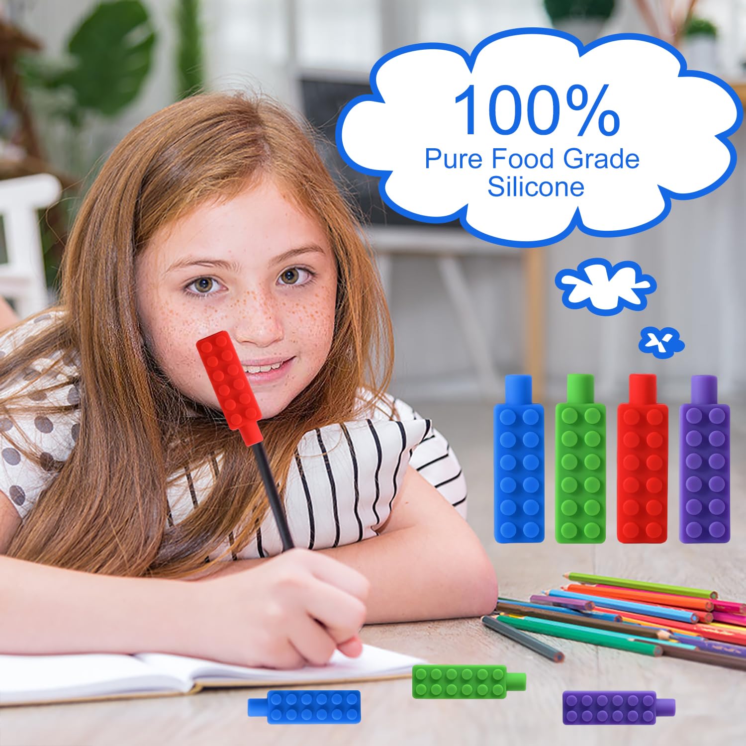 Lot de 4 Embouts de Crayon À Mâcher Silicone Sensoriels pour Dentition, Autisme, TDAH, Enfants